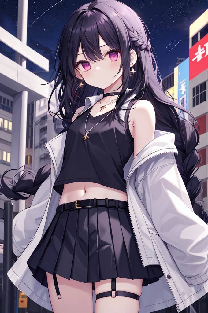1 girl, solo, skirt, dwarf, navel, stomach, shirt, necklace, mini skirt, sleeveless, jacket, jewelry, earrings, thighs, braid, belt, standing, sky, undershirt, night, chain, sideburns, expressionless, thighs, long hair, crop top , sleeveless shirt, shoulders, bare shoulders, look at the audience, spaghetti band, denim lens, pleated skirt, white jacket, very long hair, white shirt, open jacket, black necklace, black hair, white skirt, thigh straps, red eyes, revealing clothes, long sleeves, Purple eyes, Zetai Ryūki, black shirt, stars (sky),