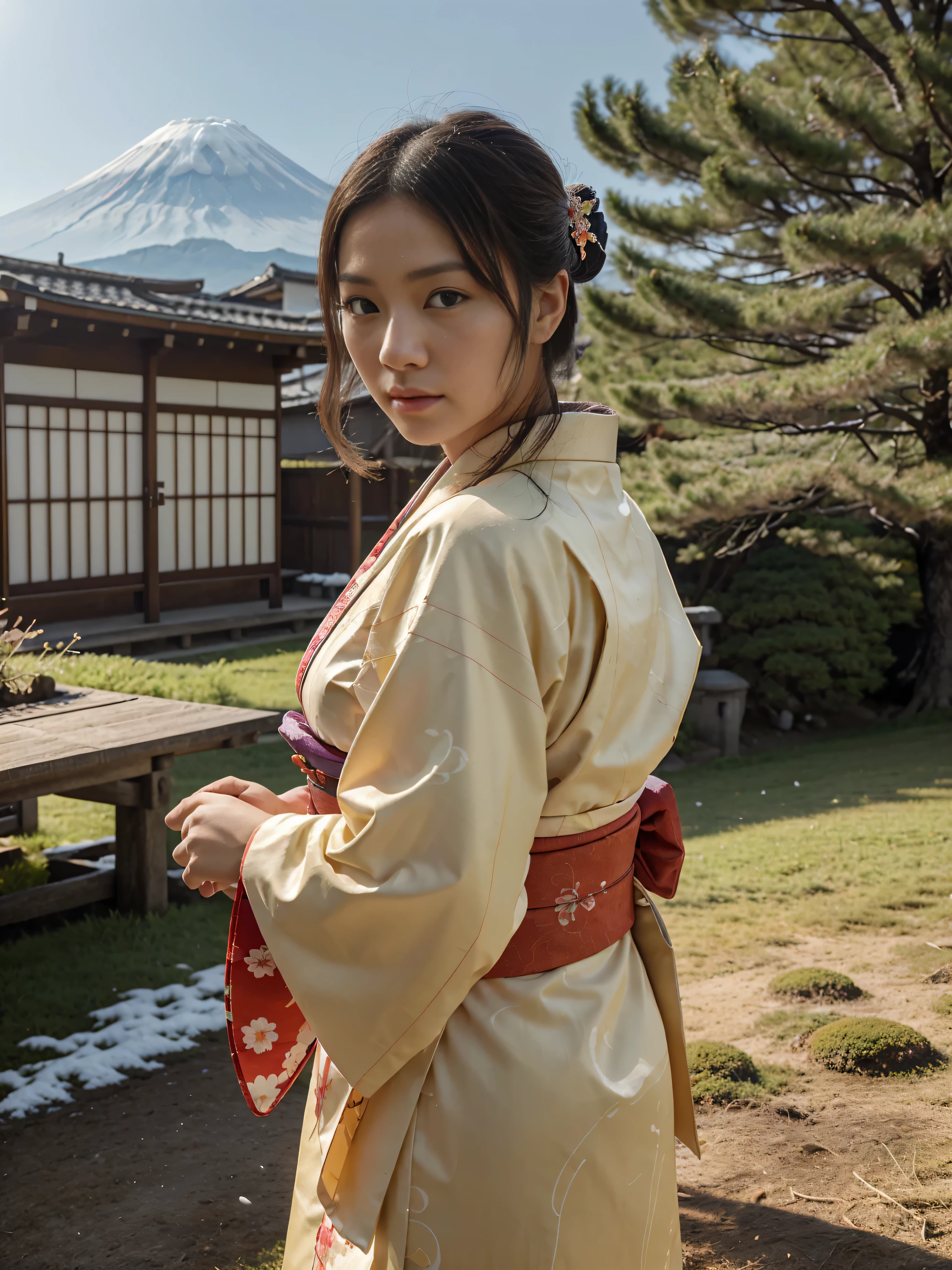 ((Half body Portrait of Beautiful Young Japanese Woman )), (( Traditional kimono outfit)), High-class Lady,( Meiji Fashion Style),(( Vintage Color Photo)),((Outdoor photography in a beautiful meadow)) (( In the background is Mount Fuji with snow covering the top.)), ((Good weather and Bright clear sky above)), Soft shadows Super-Resolution, Megapixel, ProPhoto RGB, VR, Spotlight, Frontlight, Halfrear Lighting, Backlight, Rim Lights, Rim Lighting, Artificial Lighting, Natural Lighting, Incandescent,The images are very realistic.,documentary photography, Photos for advertising,fashion for travel,Japan