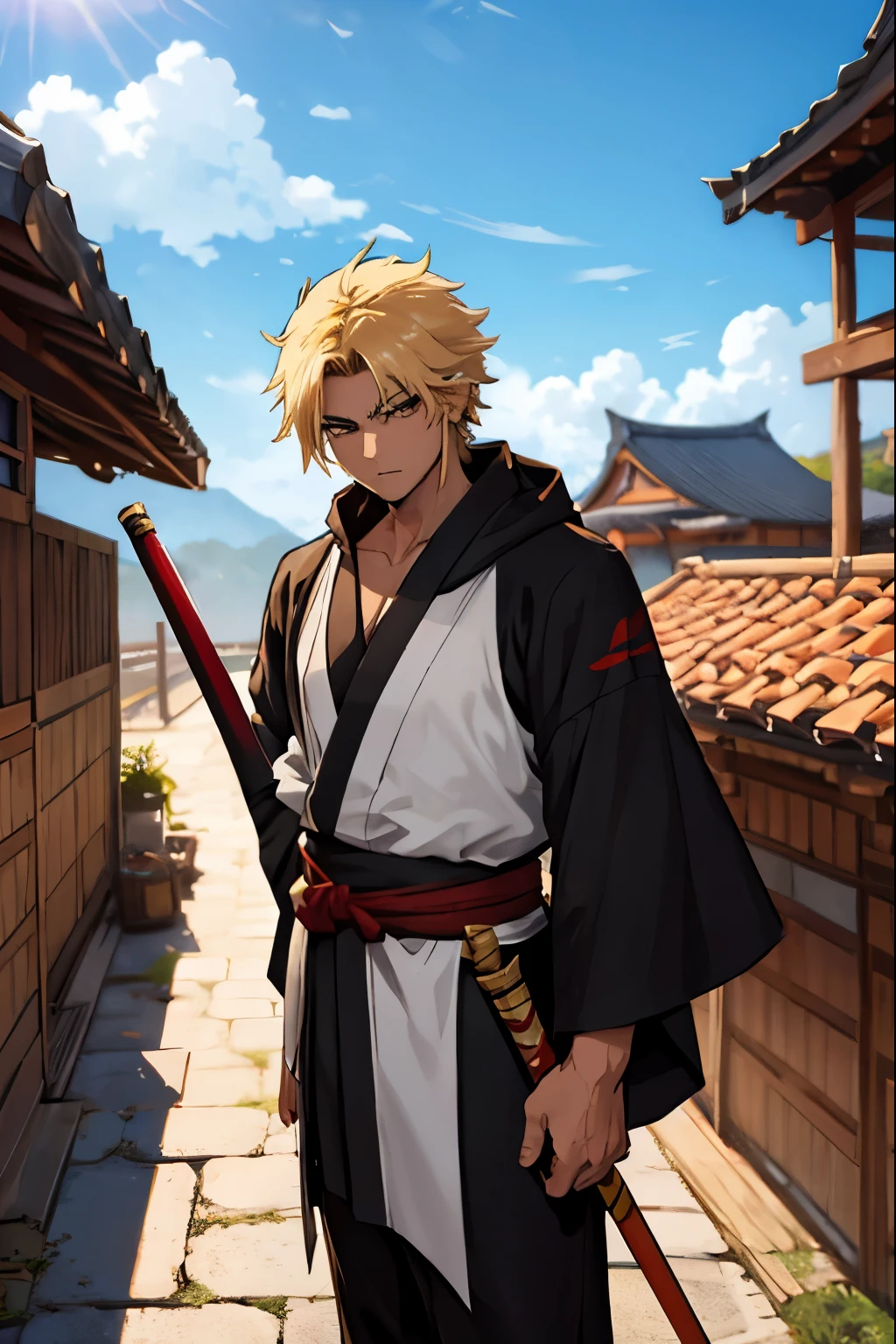 tite kubo artstyle, bleach artstyle || one male, masculine, 30 years old || dark skin tone, rough features, short spiky hair, bleached blonde hair, scar around shoulder, hooded eyes, honey colored eyes, patchy stubble beard, athtletic physique || wearing black kimono, bandana pushing hair back, bandages around wrists, wielding wakizashi || standing on japanese rooftops, pointing wakizashi towards camera, tired expression, low angle view, looking at camera, foreshortening || emitting golden Reiatsu, emitting golden Spiritual Pressure, emitting golden aura, white vertical streaks, golden vertical streaks, black vertical streaks
