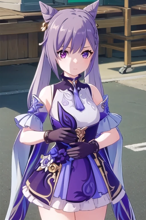 keqing, keqing, long hair, bangs, hair ornament, twintails, (purple eyes:1.1), purple hair, braid, hair bun, double bun, cone hair bun,
BREAK gloves, dress, bare shoulders, detached sleeves, choker, purple dress, purple gloves,
BREAK outdoors,
BREAK looking at viewer, (cowboy shot:1.5),
BREAK (masterpiece:1.2), best quality, high resolution, unity 8k wallpaper, (illustration:0.8), (beautiful detailed eyes:1.6), extremely detailed face, perfect lighting, extremely detailed CG, (perfect hands, perfect anatomy),