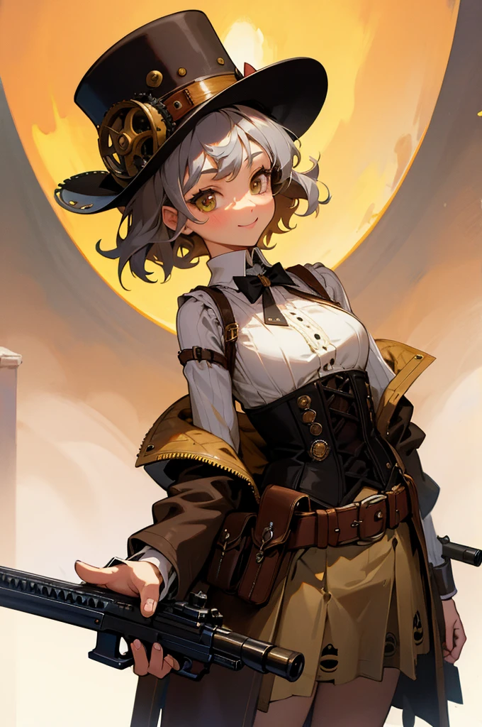 Photorealistic,(masterpiece, best quality:1.1), (8k, best quality, masterpiece, ultra highres, ultra-detailed:1.2),a girl,cute,yo,tall little,steampunk fashion,gothic Steampunk hat,goggle,corset jumper skirt(brown)bare shoulder,platform cowboy boots,
BREAK,
gray hair,wavy short hair,eyes with large brown irises,small mouth, smile,very happy, she has Steampunk gun,
BREAK,
combine Western elements with advanced technology,steam technology, steampunk,Late 19th century American West,beautiful lighting, volumetric lighting, dynamic angle, looking at viewer, (photographic portrait), sharp,