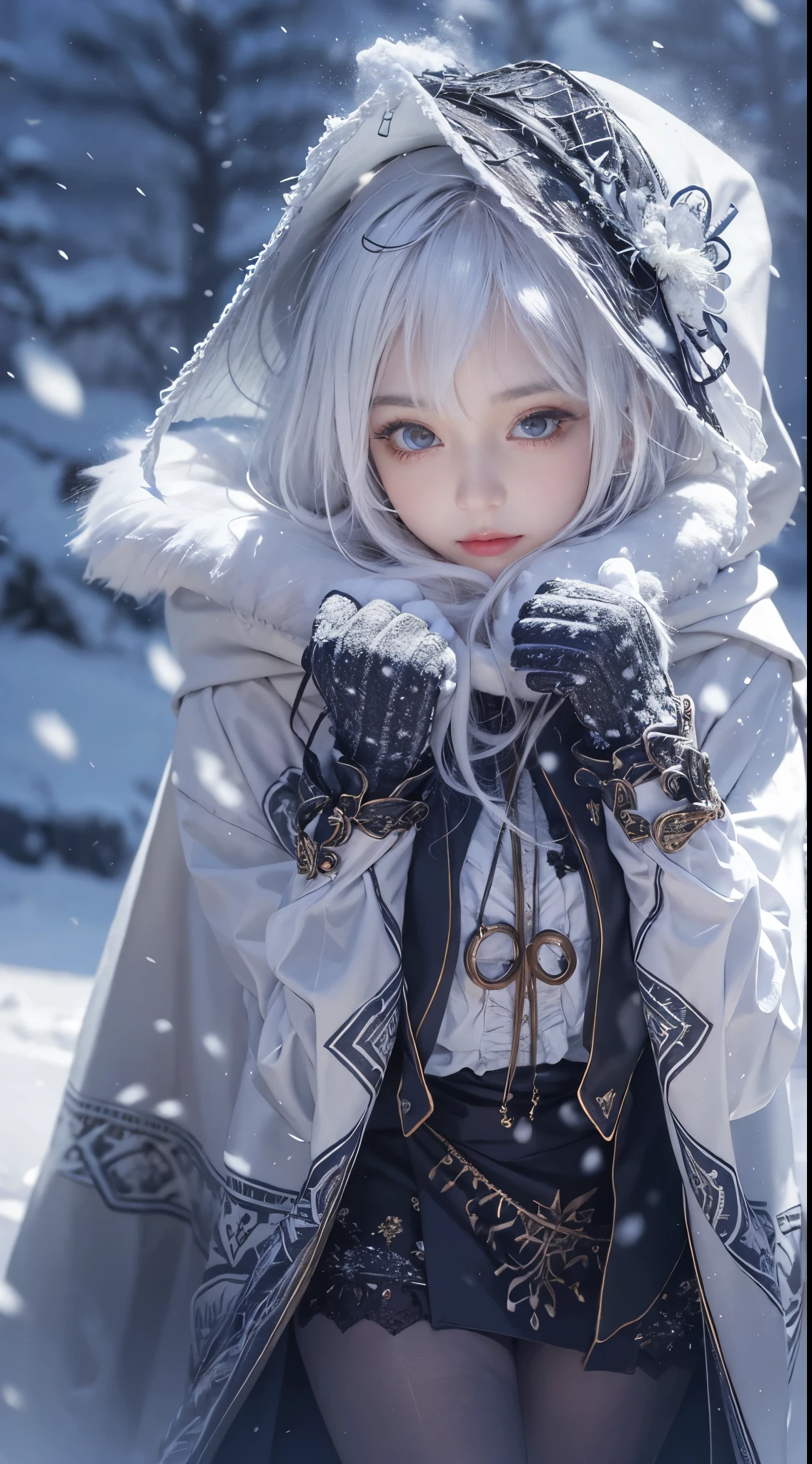 Reality, high resolution, 1 female, Solitary, (Lolita clothing),Gorgeous clothing,Facing the audience,Upper part of the body,Thighs Beautiful eyes, white hair, Dark circles under eyes, (external,heavy snow,Cloak,Covered with snow),Snowfield