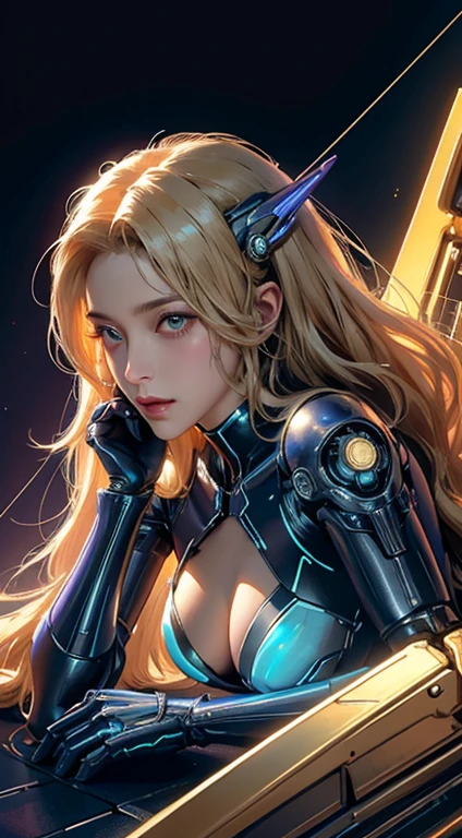 Realistic 8K.,high resolution, bright reflection,1 woman, alone, hips up, ,(detailed face), blonde hair long hair, Mecha Musume, mechanical parts, robot joint, single mechanical arm, Mechanical radius, Dressed in blue and gold. Bikinis with lots of neon lights,The white bodysuit has several neon lights..,Chest armor with 4 large electric bulbs..,With colorful lights There was a bright purple light..(Very bright)Colorful beams of light shot from the armor..,Light radiated from the armor..,,  city at night
