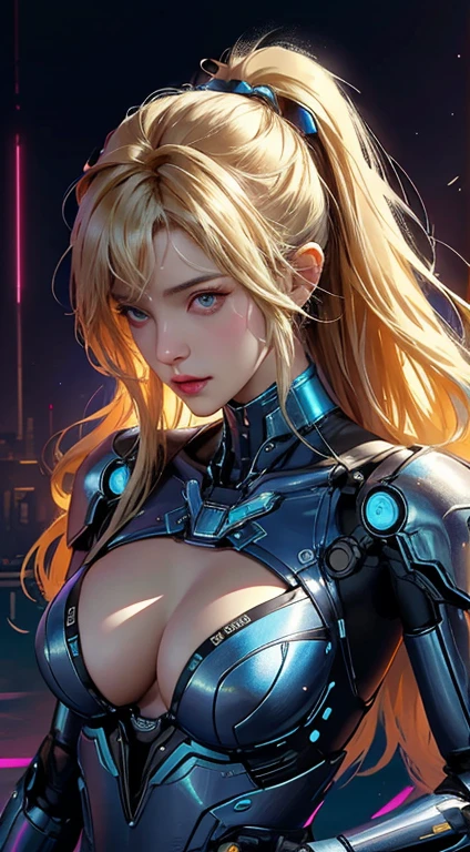 Realistic 8K.,high resolution, bright reflection,1 woman, alone, hips up, half body,(detailed face), blonde hair long hair, Mecha Musume, mechanical parts, robot joint, single mechanical arm, Mechanical radius, Dressed in blue and gold. Bikinis with lots of neon lights,The white bodysuit has several neon lights..,Chest armor with 4 large electric bulbs..,With colorful lights There was a bright purple light..(Very bright)Colorful beams of light shot from the armor..,Light radiated from the armor..,,  city at night