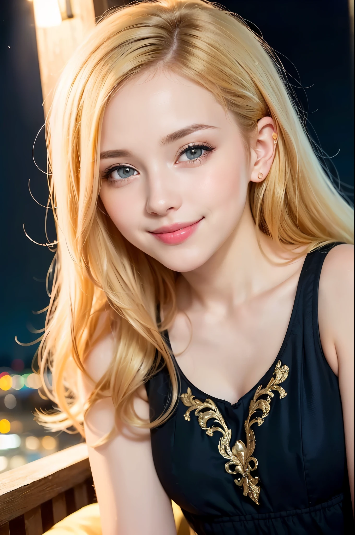 ((One Woman))、Full body photo、(((Fully grown Russian girl, Dress modestly, gorgeous bright blonde hair, cute humble smile))), (((Night lighting))), (((sexy, fascinating angle))), ((( Very detailed, Perfect Eyes, Lifelike))) , Smooth, palm, Blue sky, (( Vector art )) , 32k --no ((Browsing Caution, cute))