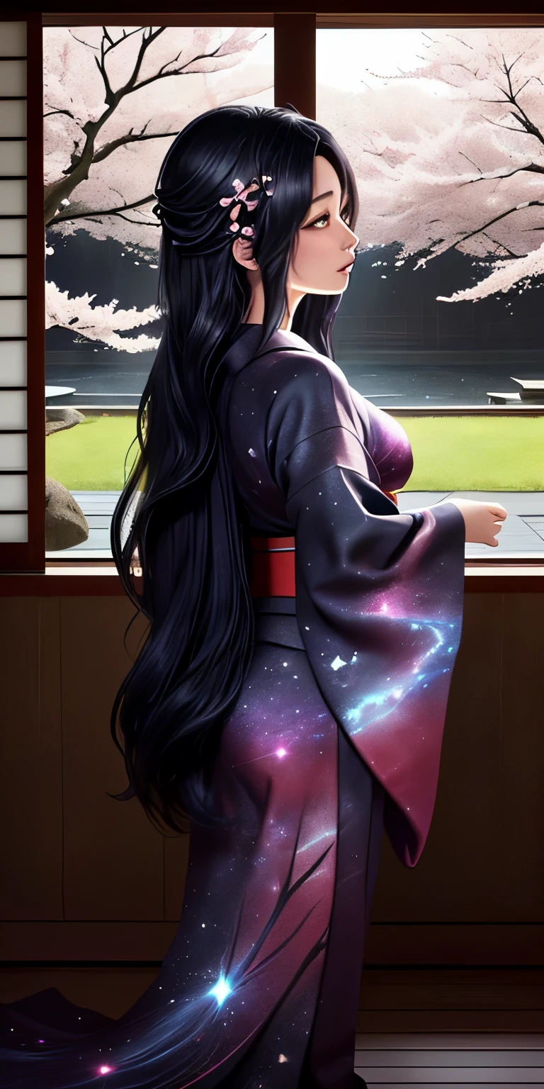 Detailed and beautiful profile, Adult woman with very long hair, Wearing red kimono, Back view, Long black hair and the void universe, Cherry tree, Japanese garden in spring, A room with tatami mats, Woman staring at cherry blossoms, Void cosmic in hair, Outside the window, the blue sky spreads out, Long hair like Rapunzel, Beautiful illustrations, Galaxy in your hair, , , , , , , , , , , , , , , , , , ,