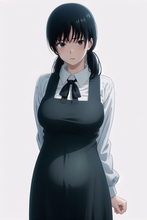 ((masterpiece, highest quality, Very detailed)), One girl, old age_superior, alone, View your viewers, Hayao Miyazaki style, Put your arms behind your back, White Background, work, Black Hair, Black Ribbon, black apron dress, manga, anime, black apron dress, Brown eyes, big breasts、Pregnant women