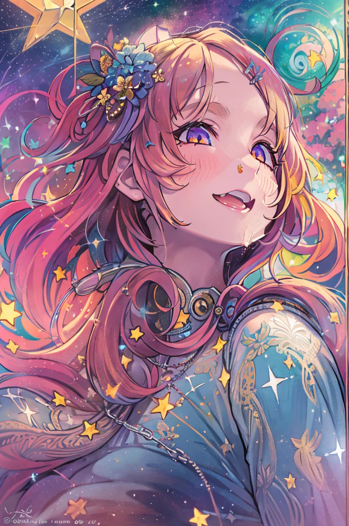 high detailing, Super Detail, 超A high resolution, Girl enjoying time in the galaxy of dreams, surrounded by stars, Warm light sprinkled on her, Starry sky with colorful galaxies and galactic clouds in the background, Stars flying around her, Delicate face, Add a playful atmosphere ,