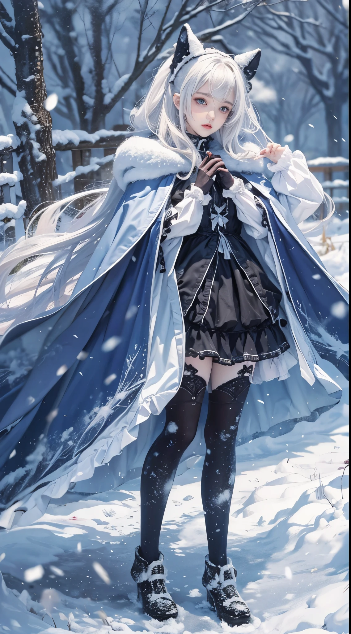 Reality, high resolution, 1 female, Solitary, (Lolita clothing)，Gorgeous clothing，Facing the audience，Upper part of the body，Thighs Beautiful eyes, white hair, Dark circles under eyes, (external，heavy snow，Cloak，Covered with snow)，Snowfield