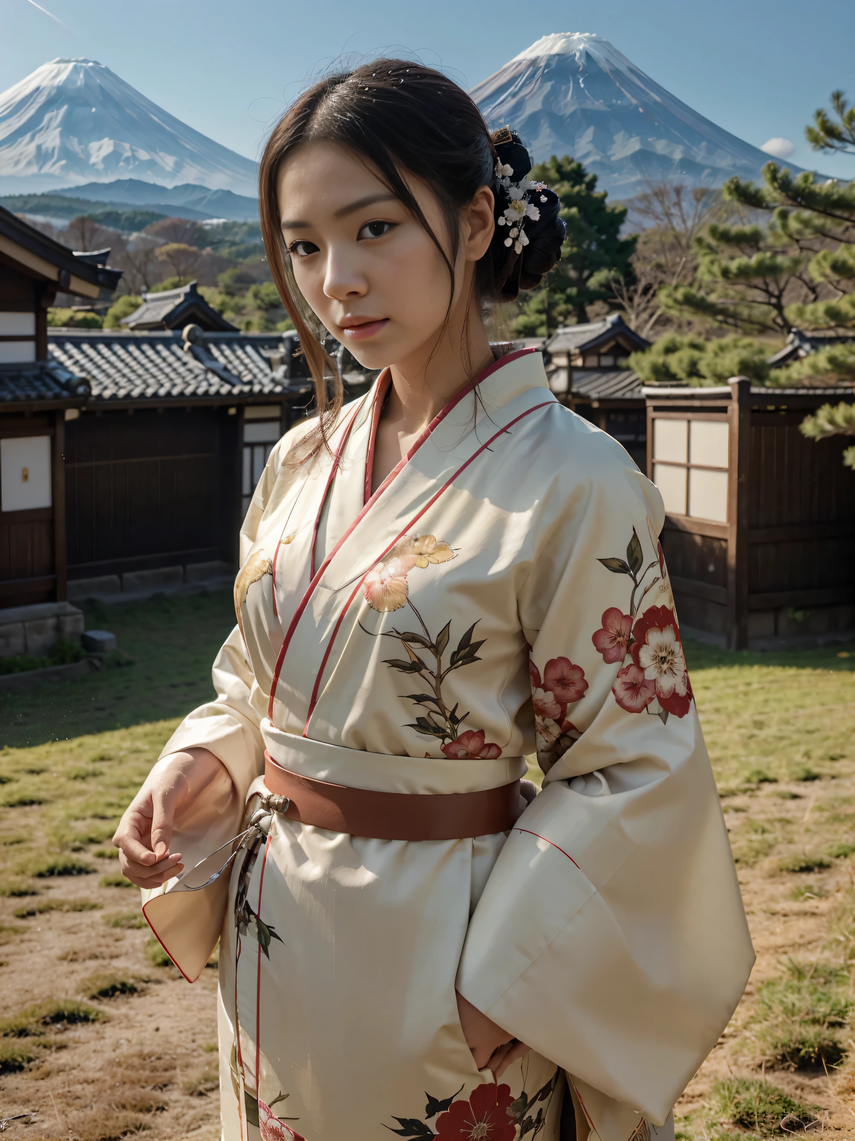 ((Half body Portrait of Beautiful Young Japanese Woman )), (( Traditional kimono outfit)), High-class Lady,( Meiji Fashion Style),(( Vintage Color Photo)),((Outdoor photography in a beautiful meadow)) (( In the background is Mount Fuji with snow covering the top.)), ((Good weather and Bright clear sky above)), Soft shadows Super-Resolution, Megapixel, ProPhoto RGB, VR, Spotlight, Frontlight, Halfrear Lighting, Backlight, Rim Lights, Rim Lighting, Artificial Lighting, Natural Lighting, Incandescent,The images are very realistic.,documentary photography, Photos for advertising,fashion for travel,Japan