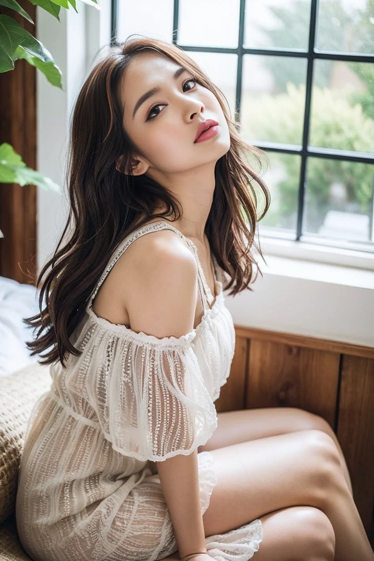Dark brown hair、Light brown eyes、Japanese actress face、 Lady、I'I like him and I'I'I am about 40 years old.、(Intricate details:1.2)、(Which one is on top??:1.4)、 (Ultra-high resolution:1.2)、Ultra-high resolution、(Finely tuned)、(Detailed facial features)、Hmph、8k resolution、D cup size breasts、Long Hair、Large windows、Extravagant space、relax、、,Full body photo、Head to toe shot、Beautiful legs、Camisole dress、Beautiful legs、A refreshing room filled with sunlight、she, household items, (plant:0.8), Fashion Hub, Extreme Detail, Very detailed, Realistic, hourglass shaped body, Obscene pose,、、I cry a lot、tears、person on the left、White wall、White floor、diagonally from below、Please lift your chin、Put your butt against the wall、relaxした表情、Pose of Weakness、(auraroid photo:1.2)、from outside the window、A masterpiece of transparent painting、8k、32k、highest quality、(Details of both eyes)、1 girl、elegant、(Loose dress :1.4)、sit、(Low Angle、I look up and see this:1.2)、Looking at the camera、Hold the cushion with both hands、