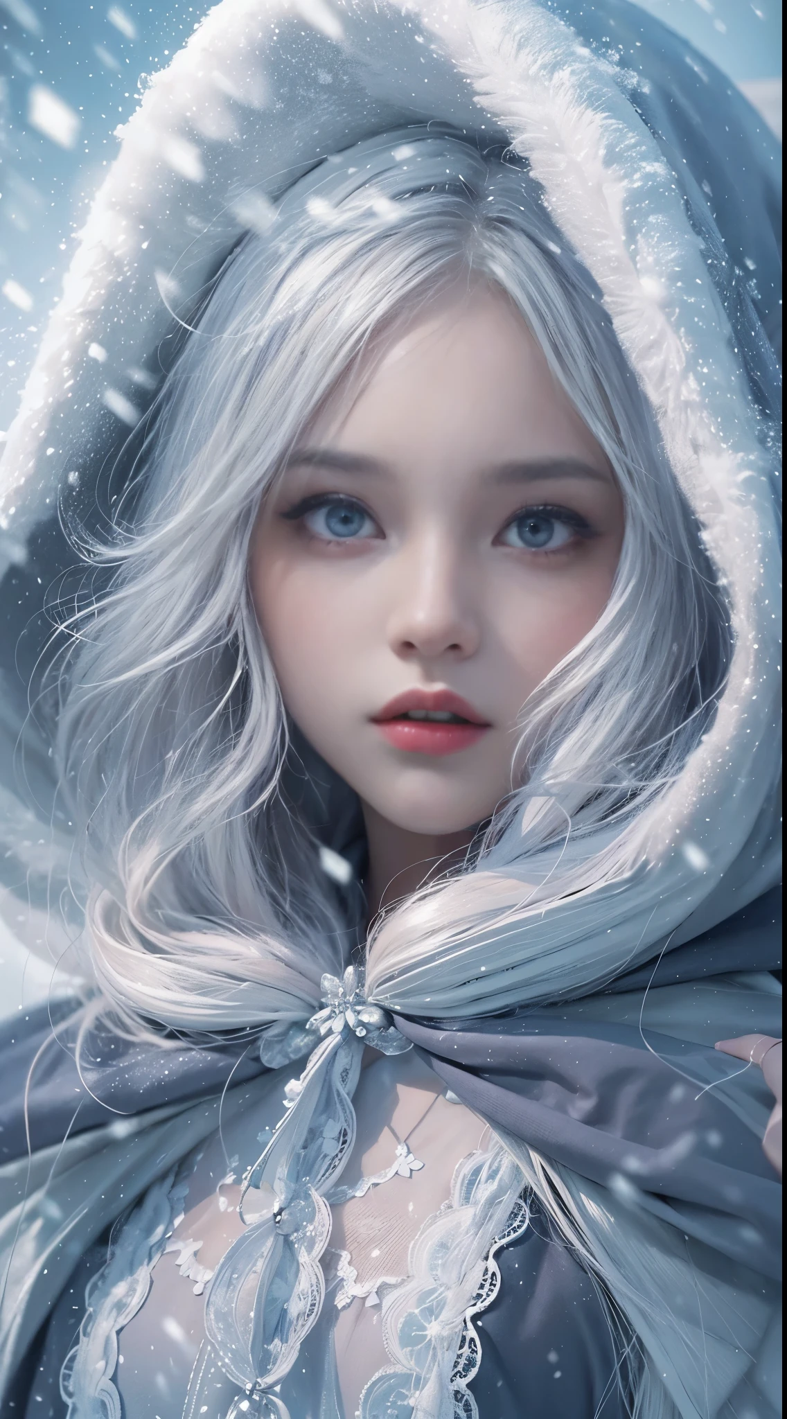 Reality, high resolution, 1 female, Solitary, (Lolita clothing)，Gorgeous clothing，Facing the audience，Upper part of the body，Thighs Beautiful eyes, white hair, Dark circles under eyes, (external，heavy snow，Cloak，Covered with snow)，Snowfield