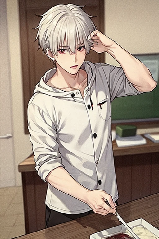 A young white haired handsome man with red eyes in a magic  is making a potion