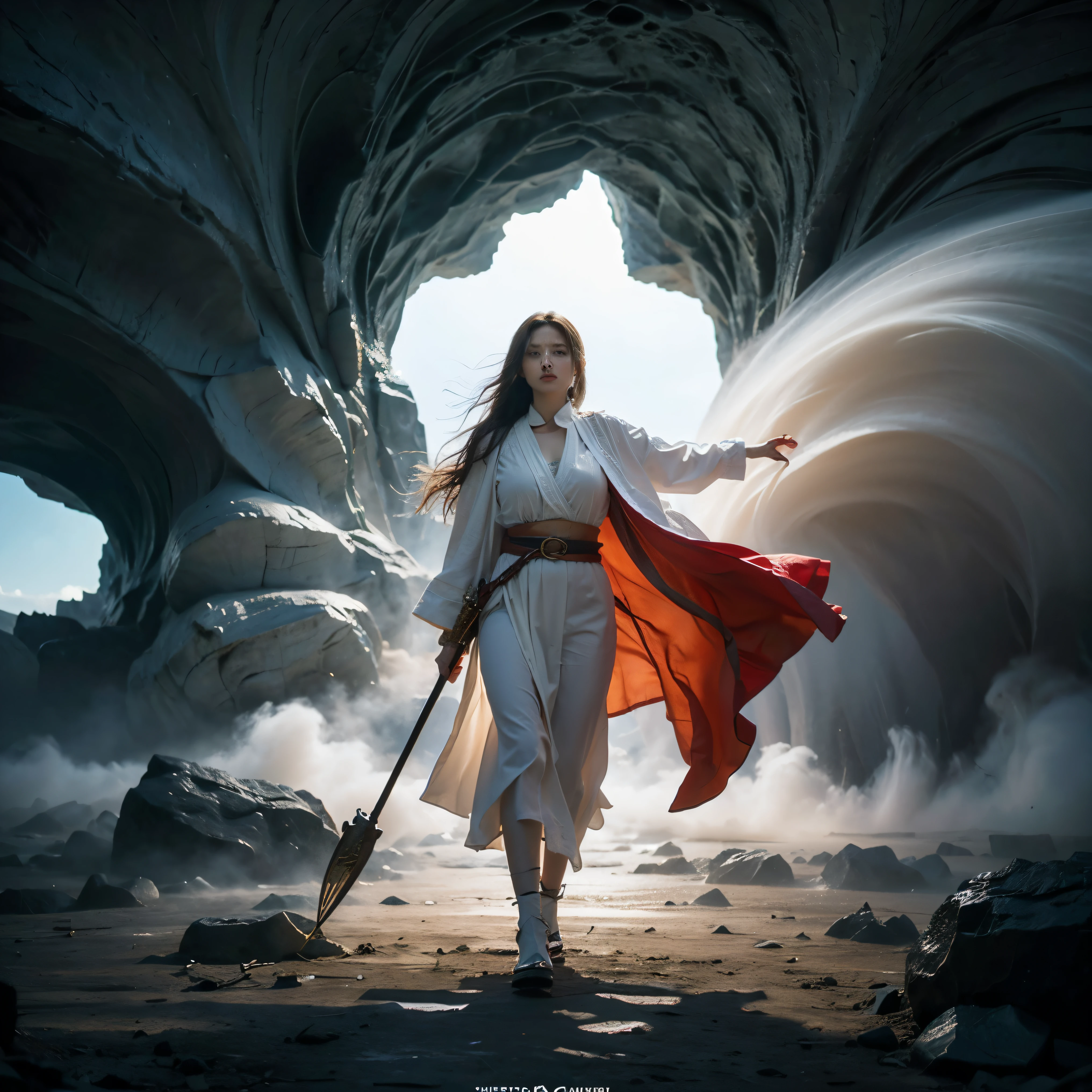 beautiful young woman, powerful aura, flowing robes of a wizard, wizard's staff, intense battle with an ogre, fantasy, high degree of exposure in clothing, fierce fight, aura radiating from the whole body. (best quality, highres), magical landscape, vibrant colors, dramatic lighting.