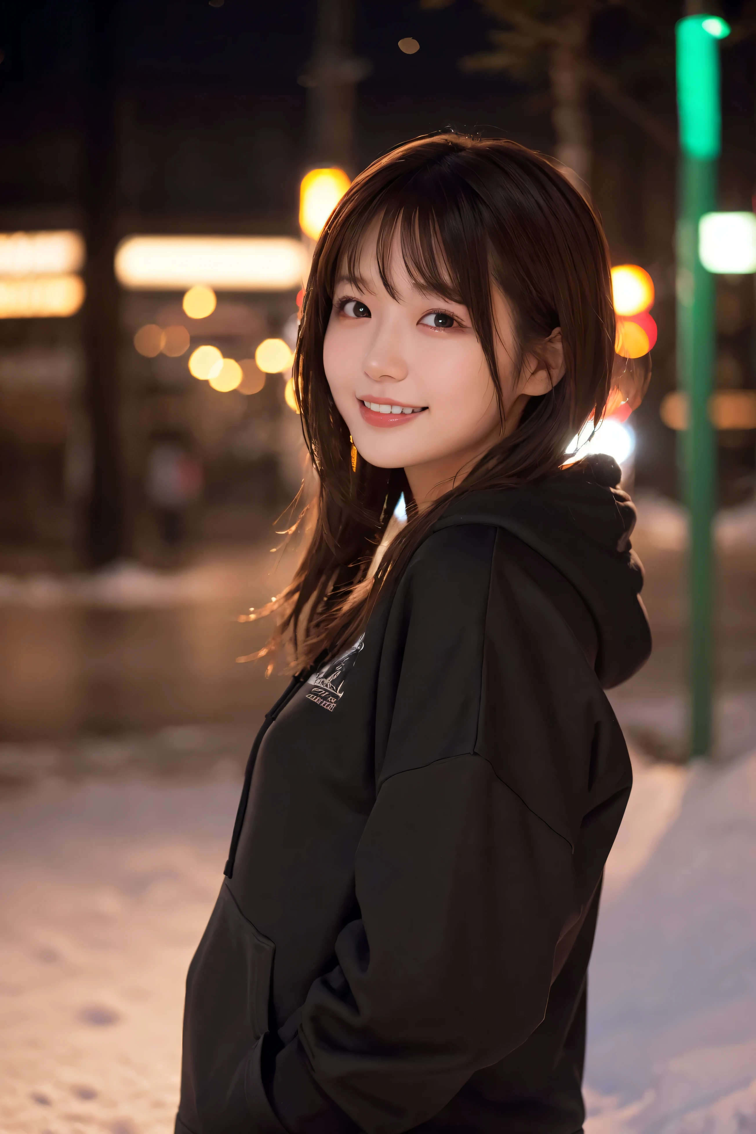 1 Girl, (Wear a black hoodie:1.2), (RAW Photos, highest qualthaty), (Realistic, Realistic:1.4), Tabletop, Very delicate and beautiful, Very detailed, 2k wallpaper, wonderful, finely, Very detailed CG Unthaty 8K 壁紙, Very detailed, High resolution, Soft Light, Beautiful detailed girl, Very detailed目と顔, Beautiful and sophisticated nose, finelyて美しい目, Cinema Lighting, Illuminations that light up the cthaty on a snowy night, Snow Scene, that&#39;that&#39;that&#39;it&#39;s snowing, Snow fell in my hair, Perfect Anatomy, Slender body, Was nervous, 
Straight semi-long hair, bangs, Looking at the audience, smile、Fluffy scarf
