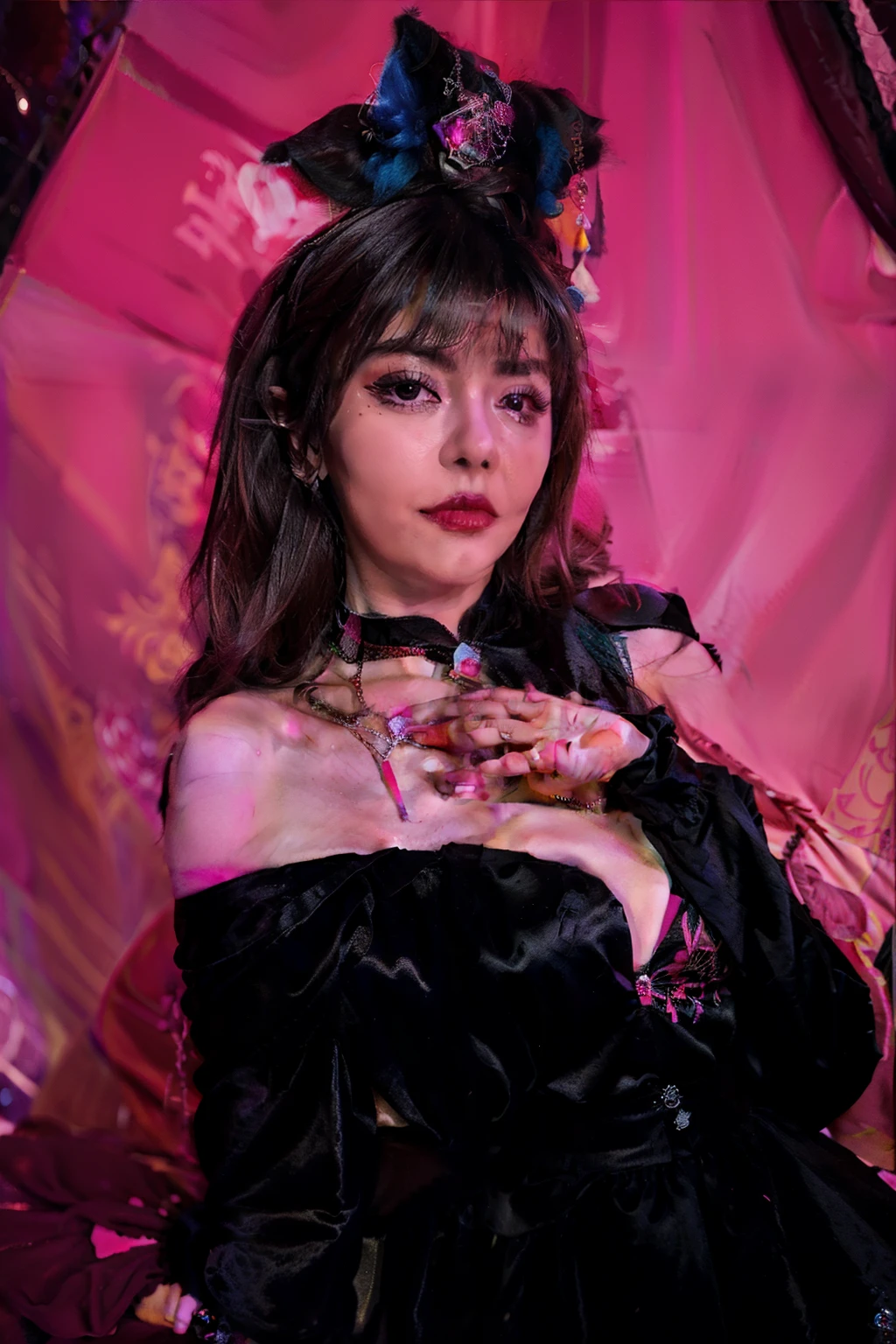 Em um lindo parque, uma mulher elegante. She is wearing a very colorful and attractive kawaii gothic style, com uma maquiagem chique e uma peruca colorida.