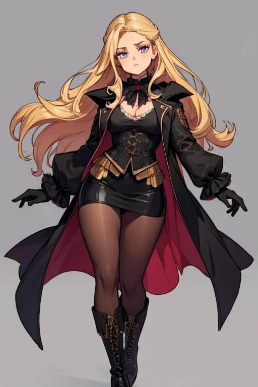 female, blonde long hair, pink eyes, (((1girl))), (((black Victorian coat))), (white shirt), (black gloves), (gold vest), (black skirt), (brown tights), (black steampunk boots), cute and sexy, large breasts, large butt, full body, long legs
