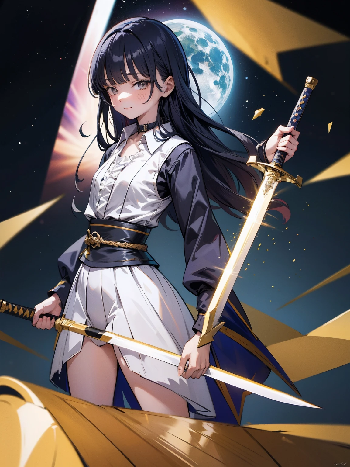 8K,((highest quality)), ((masterpiece)), ((High resolution)), ((Perfect Face)),office,girl,闘うgirl,((whole bodyにオーラを纏う)),((Flat Chest)),((Small breasts)),blouse,Open-collar shirt,((Chest turbulence)),Medium_Straight Hair,Black Hair,Bangs,A confident smile,Iris eye,whole body,swordを握る,swordを構える,((炎を纏った長sword)),((赤く光るsword)),((Size greater than body height_sword)),((ファンタジックなsword)),Cityscape,