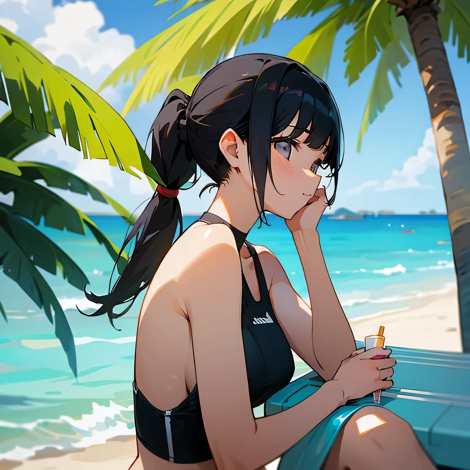 girl、Black Hair、ponytail、Swimwear、Resort、weekend、Palm tree、sun、With juice