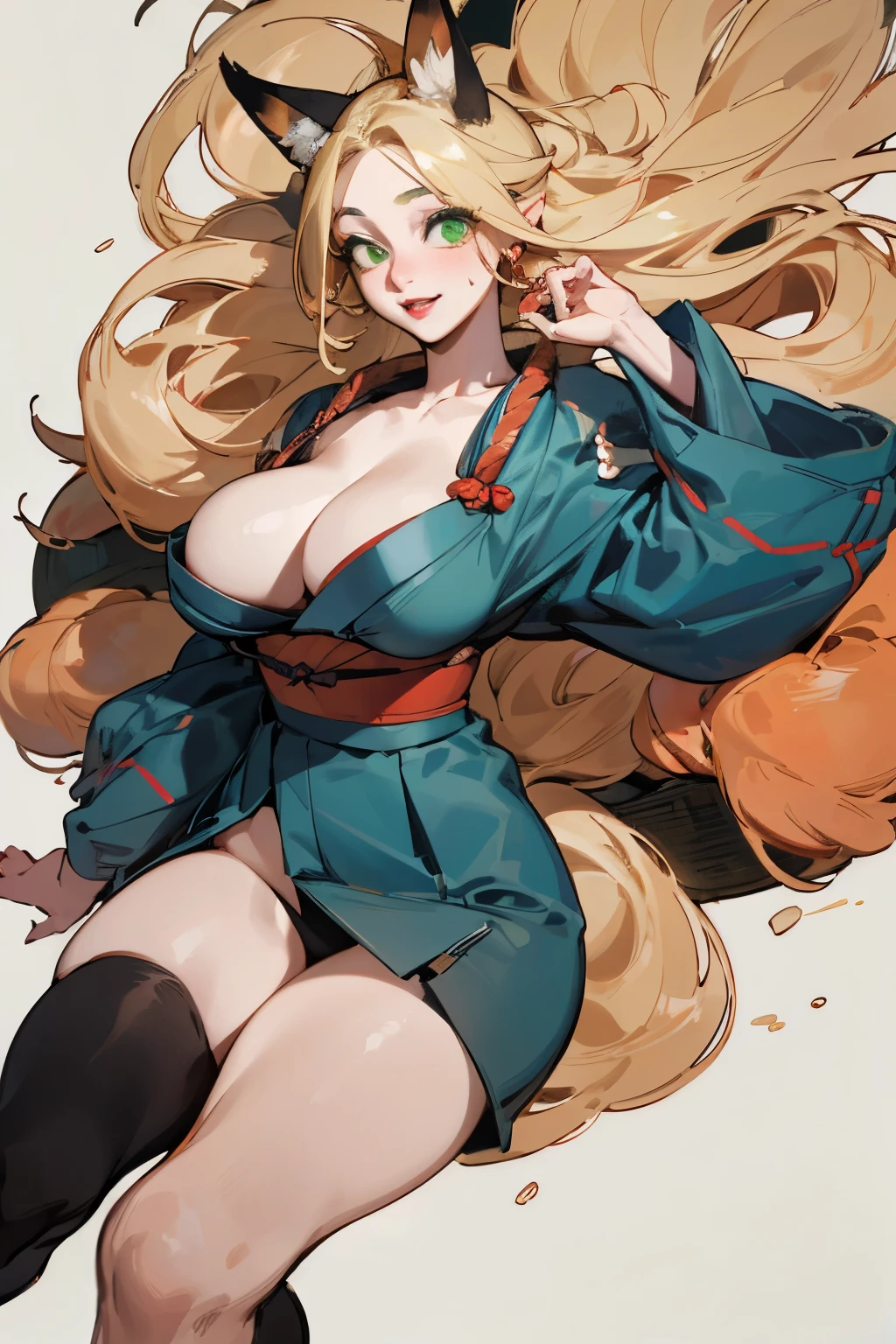 solitary, (Fox ears), Exquisite eyes, blond hair,Facial details, Green Eyes, Red Eyeshadow, lips are red, Fake laugh, Ukiyo-e, masterpiece, high quality, Large Breasts,Black tights,High heel,Exposing thighs,leaking breasts