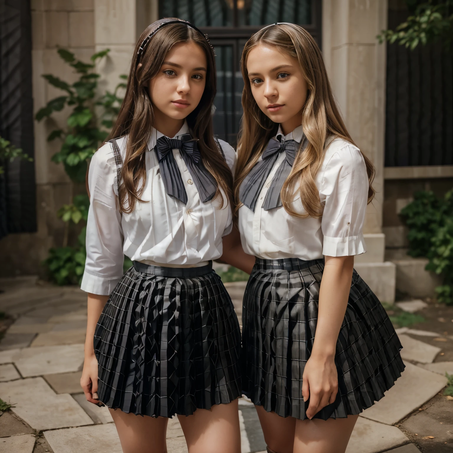 2 girls in, two girls, facing each other in a courtyard, high school uniforms, (all girls have the same uniform: 1.8), (one girl has blonde hair & another has black hair: 1.1), gray , (pleated skirt: 2), (gray skirt: 1.3), (white blouse: 1.25), gray vest, white button up, knee highs, white shirt, loafers, realistic, long hair, socks, legs, bowtie, skirt, jk bow, can see a little chest through blouse, full body, standing back, zoomed out, 50mm, Nikon, f5.2, natural light, 8k, high detailed, maximum quality,