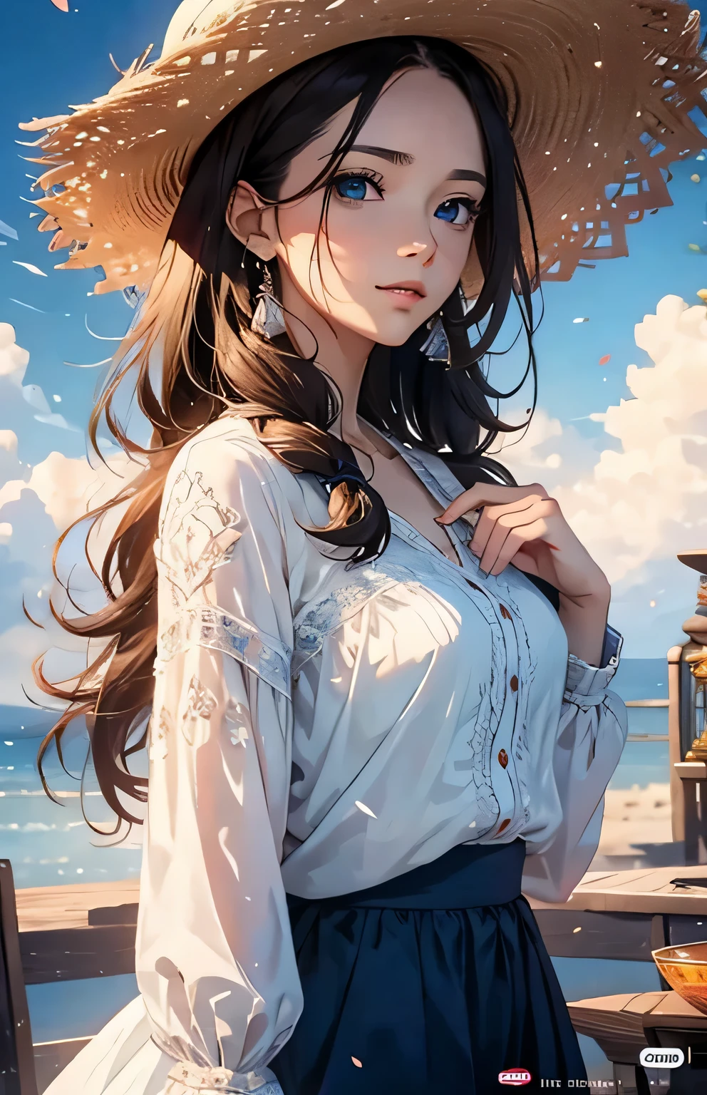 masterpiece、highest quality、High resolution、High-quality images、8k, 1 female、Skin Radiance、Texture of skin and clothing、Expression of fine eyes、Shiny light brown hair,Girl with long braided hair, Manga inspired by Lee Jong-suk, Trending on deviantart, realism, detailed manga style, Manga art style, Perfect Line Drawing, Beautiful line art, digital manga art girl, K-POPアイドル, Center of chest,Beautiful light blue eyes, Lips become thicker, Gorgeous face with attention to detail, (Cute Smile), charm, Innocent, Side view, (Perfectly detailed face), (Beautiful Hands) photorealistic images, Written boundary depth, Princess Hairstyles, sunflower， Straw hat,camisole, Lightweight cardigan , mini skirt , Amazing ocean，Beautiful sea，Romanticism,