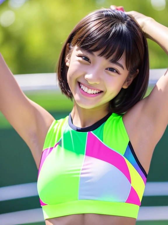 Sportswear with a very thin fit and bright neon colors　smile　Beautiful girl　Show your armpits　Detailed skin texture　Very short hair　Detailed beautiful face　Abdominal muscles　Track and field club