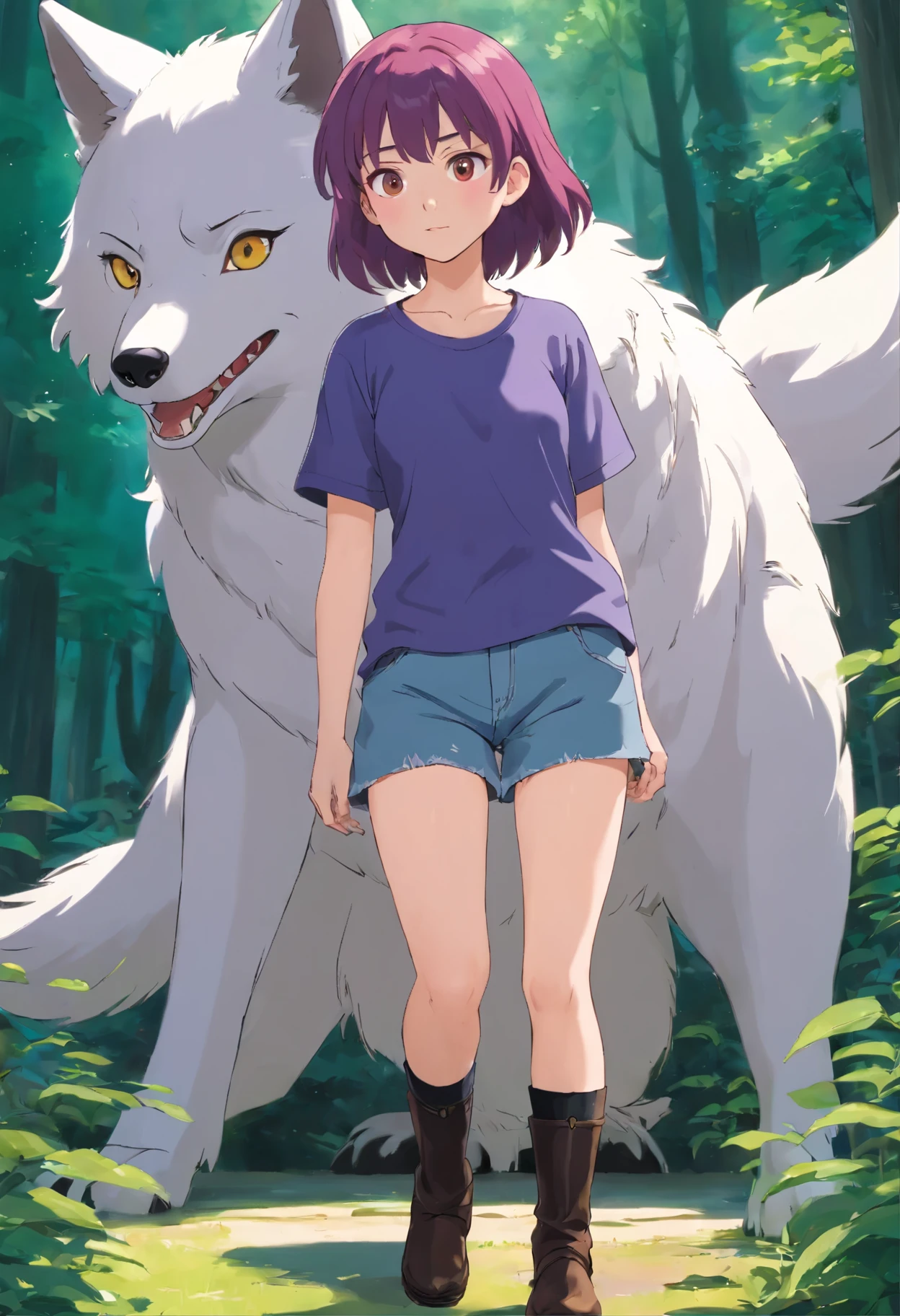  girl who is 6'1" tall and has pale skin with a rosy face. She has brown eyes and short, purple hair styled in a wolf cut. Her body is chubby with a big chest, and she often wears a baggy, cropped band t-shirt paired with low-rise, baggy jeans. Her tummy hangs out proudly, and she completes her look with black boots.