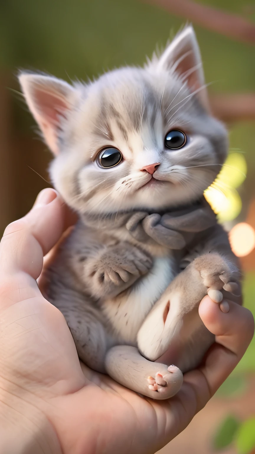 a small kitten sitting on a person's hand, Miniature kittens, animal focus, whiskers, looking at viewer, realistic, pov hands, blurry background