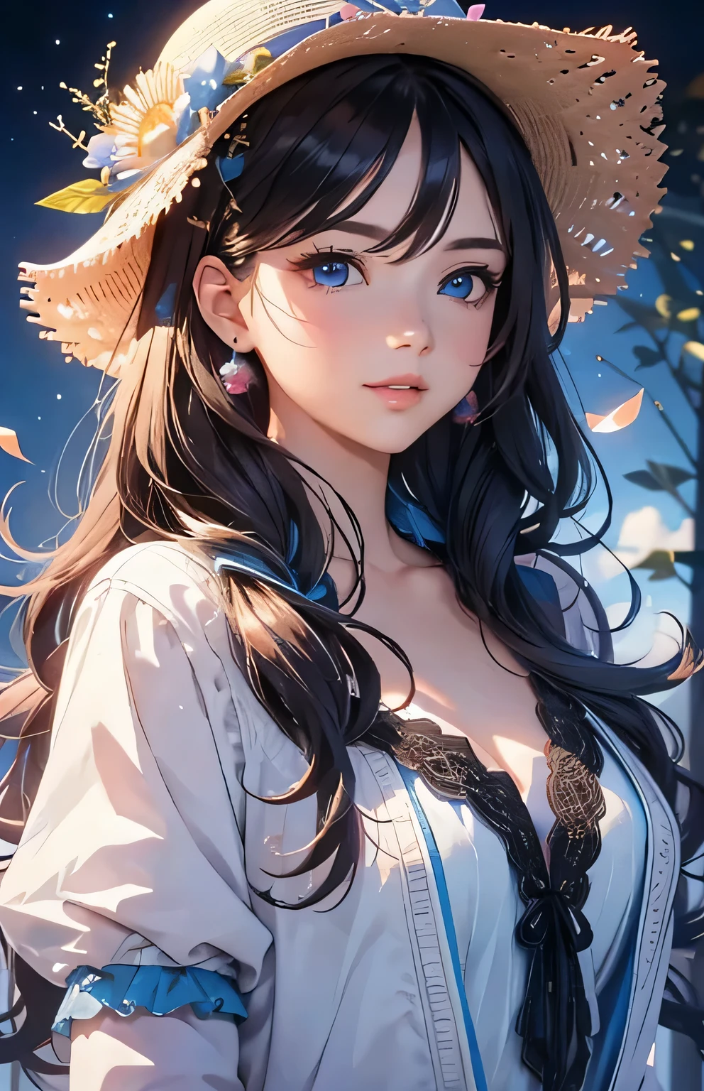 masterpiece、highest quality、High resolution、High-quality images、8k, 1 female、Skin Radiance、Texture of skin and clothing、Expression of fine eyes、Shiny light brown hair,Girl with long braided hair, Manga inspired by Lee Jong-suk, Trending on deviantart, realism, detailed manga style, Manga art style, Perfect Line Drawing, Beautiful line art, digital manga art girl, K-POPアイドル, Center of chest,Beautiful light blue eyes, Lips become thicker, Gorgeous face with attention to detail, (Cute Smile), charm, Innocent, Side view, (Perfectly detailed face), (Beautiful Hands) photorealistic images, Written boundary depth, Princess Hairstyles, sunflower， Straw hat,camisole, Lightweight cardigan , mini skirt , Amazing ocean，Beautiful sea，Romanticism,