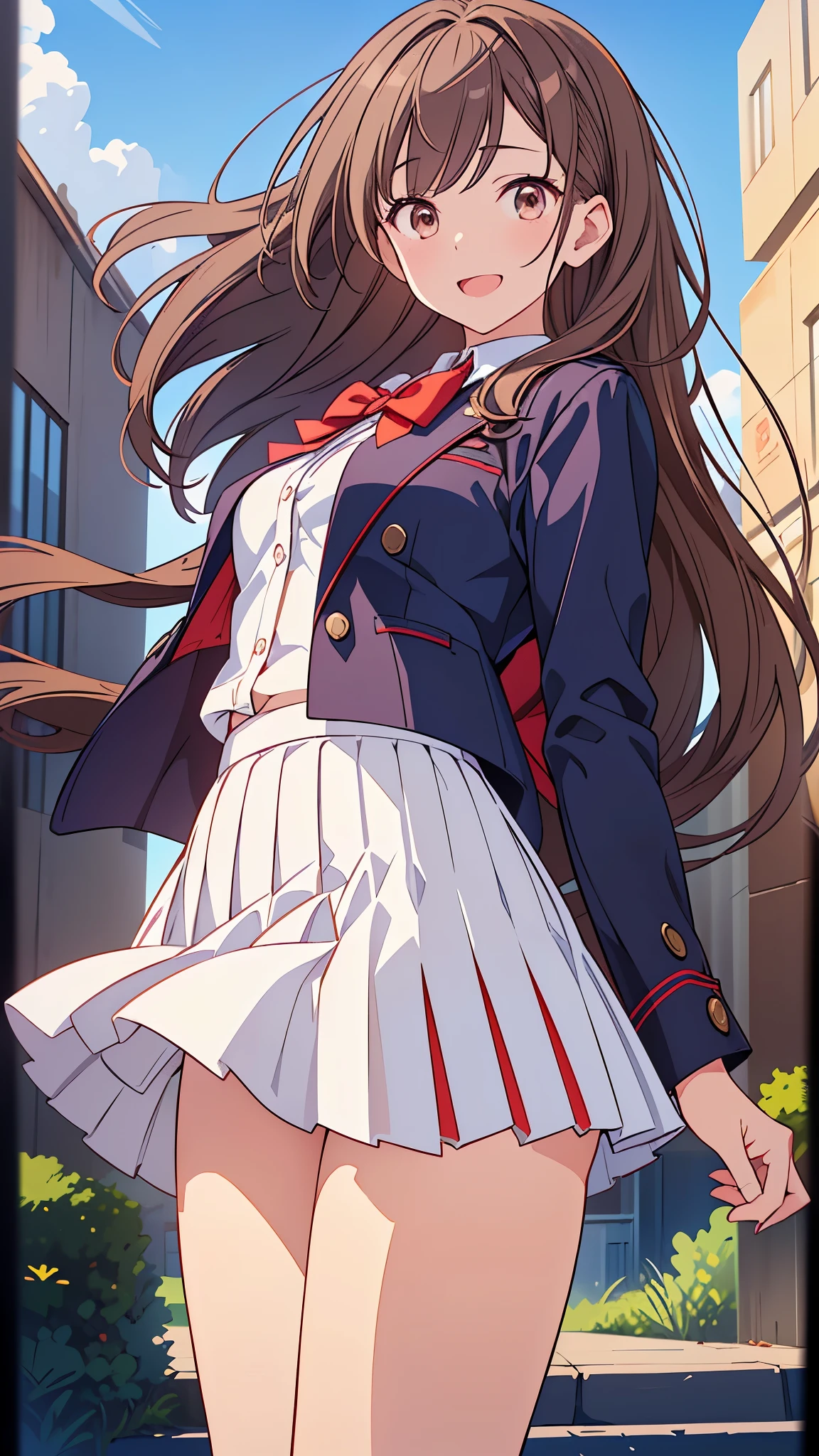 ((masterpiece, highest quality, High resolution, UHD, perfect pixel, Depth of bounds written, 4K, rtx, HDR))), Morning route to school、1 girl、draw the whole body、perspective from below、pure white skin, beautiful art style, (long straight hair, bangs, brown hair:1.2,)( curly hair:0.3), White hairpin、((dark brown eyes:1.4, round eyes,droopy eyes、beautiful eyelashes, realistic eyes)),, ((smooth texture:1.2, realistic texture:1.1, realistic:1.1, The wind is blowing、Anime CG style)), medium breasts, perfect body, ((portrait, throw)), ((red bow tie, school uniform, navy blue jacket, open jacket, white shirt, red pleated skirt、white panties)), smile, open your mouth、teeth、Skirt flips in the wind