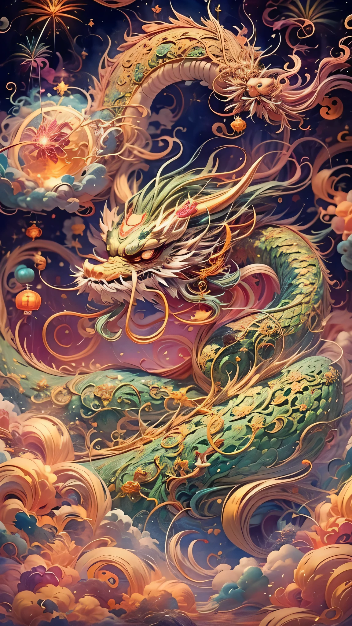 Cute Chinese dragon surrounded by clouds, Fireworks Background，Chinese New Year Decorations（（（masterpiece）））， （（highest quality））， ， （（Surrealism））（8k）