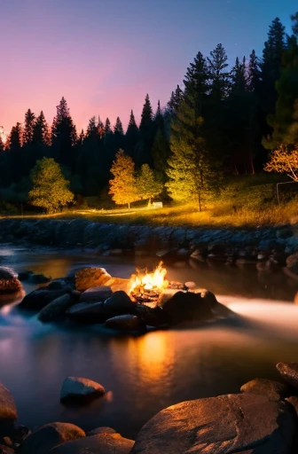 A campfire in the mountains at night, with a realistic depiction. A vividly detailed and dynamic fire burns brightly, illuminating the surrounding area. The flames flicker and dance, casting a warm and inviting glow. The smoke rises and intertwines with the night sky, creating a dreamy atmosphere. The mountains and the river are depicted in a hyper-realistic style, with intricate details showing every curve and texture. The trees stand tall and majestic, their leaves rustling gently in the night breeze. The river flows peacefully, reflecting the shimmering stars above. The scene is bathed in a warm color palette, with deep oranges, glowing yellows, and rich earth tones dominating the composition. The lighting is carefully crafted to enhance the ambiance, with soft, natural moonlight casting shadows and illuminating the scene. The overall image quality is of the highest standard, with ultra-detailed elements and a photo-realistic rendering.