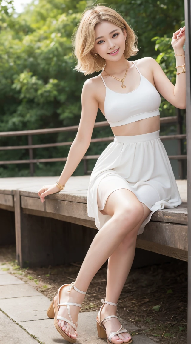 flying debris、highest quality、An illustration、highest quality、Understood、High resolution、8k wallpaper、Perfect dynamic composition、(((Ezvian Everywhere)))、((From below))、27 year old beautiful adult woman、Beautiful face in every detail、Delicate and cute eyes、Fine skin、Red cheeks.、shy、(Semi-short hair:1.3)、(wavy blonde hair)、Small breasts、bold sexy pose、smile、Small breasts、Between the legs、Small Ass、Thin ass、Please generate at the eaves.、Narrow shoulders、wavy blonde hair、blonde、、Golden Thin Necklace、Heart-shaped earrings、smile、、gold bracelet、at the park、white see-through tank top、Wear a long white skirt、No bra、My nipples are erect、The whole body becomes visible、brand sandals、below knee skirt、So you can see all the way to your feet、