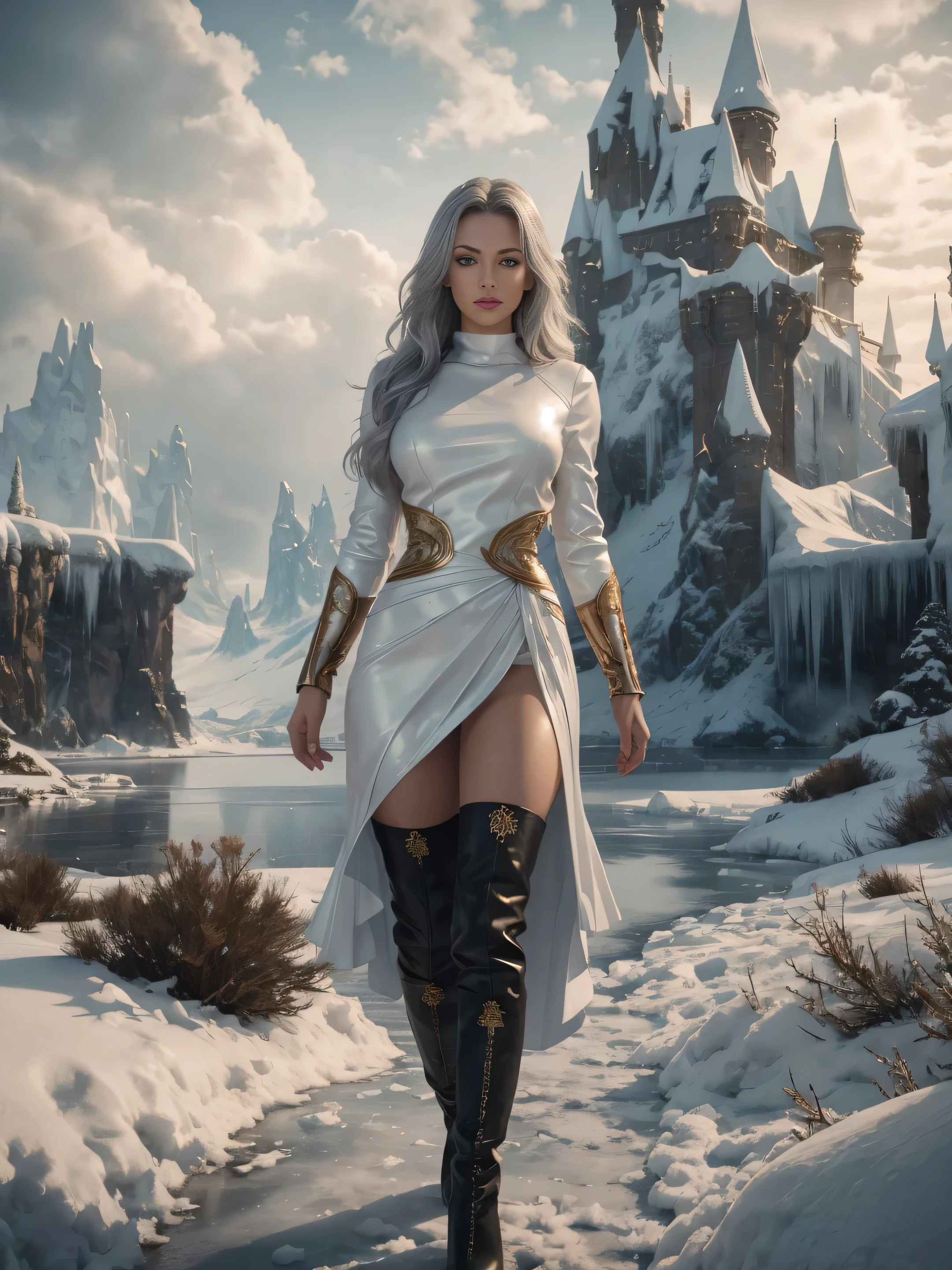 full body, sexy princess woman, standing, watching distant mountains, very long grey hair, slim waist, round bottom, in white short leather pleated skirt, with gold embroidery, white knee high boots, ultra-realistic skin texture, sensual curves, sensual gaze, her hair body is covered with chin north pole in the snow, barren landscape, fog, blowing snow, weak soft light, gloomy dark clouds, ice palace in the distance, cold colors, photorealistic, superrealistic, highest resolution with extremely intricate details 8k