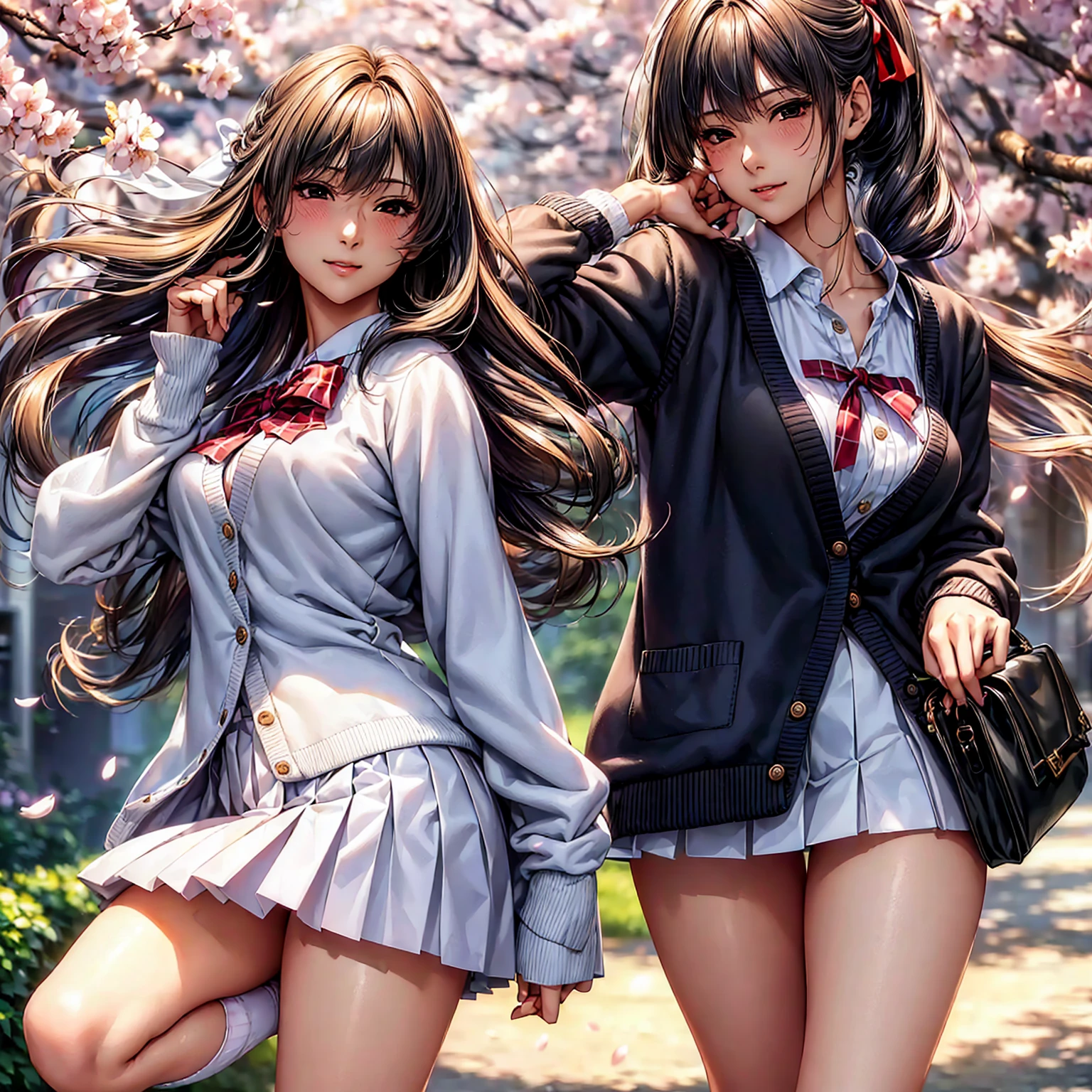 (((highest quality、masterpiece、Very high resolution、High-definition images)))、Beauty Painting、Realistic portraits、One strong, beautiful woman:18-year-old、Beautiful body:Slender, beautiful breasts and beautiful legs、Beautiful Face:smile、eyes with strong will,Beautiful Hair、best skin and hair texture,Realistic skin texture,realistic hair texture、(((High School Uniform:White blouse:ribbon:cardigan:Black blazer:Red checkered pleats:socks:loafers)))、Beautiful cherry blossoms並木の道、Beautiful cherry blossoms、Beautiful sky、Natural light、Beautiful viewodel pose、Beautiful pose:、Model shoot、Gravure photoshoot、(((The wind is blowing))),Accurate Images:1.5、Accurate anatomy:1.5、Flawless images、Perfect image、Overall image、(Best Shot、Raw photo、Photorealistic)