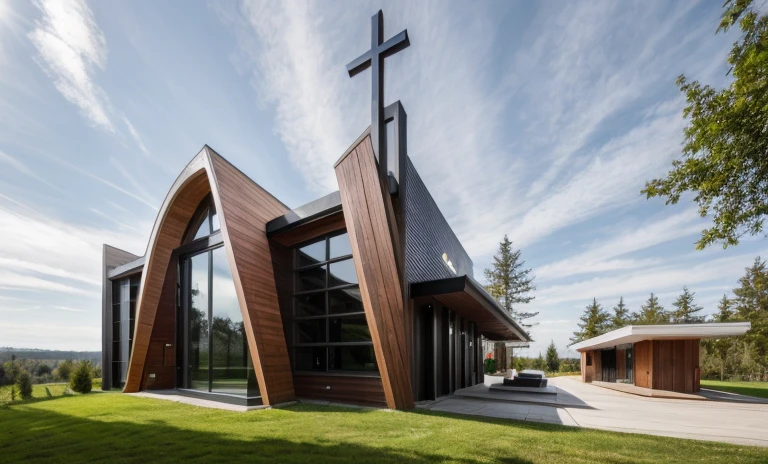 exterior church, contemporary style, white wall, wood wall, wood door, glass window, (realistic:1.2), Masterpiece, high quality, best quality, authentic, super detail, outdoors,road,pavement, grass, trees, sky, cloud, (daylight:1.1), cross at the top