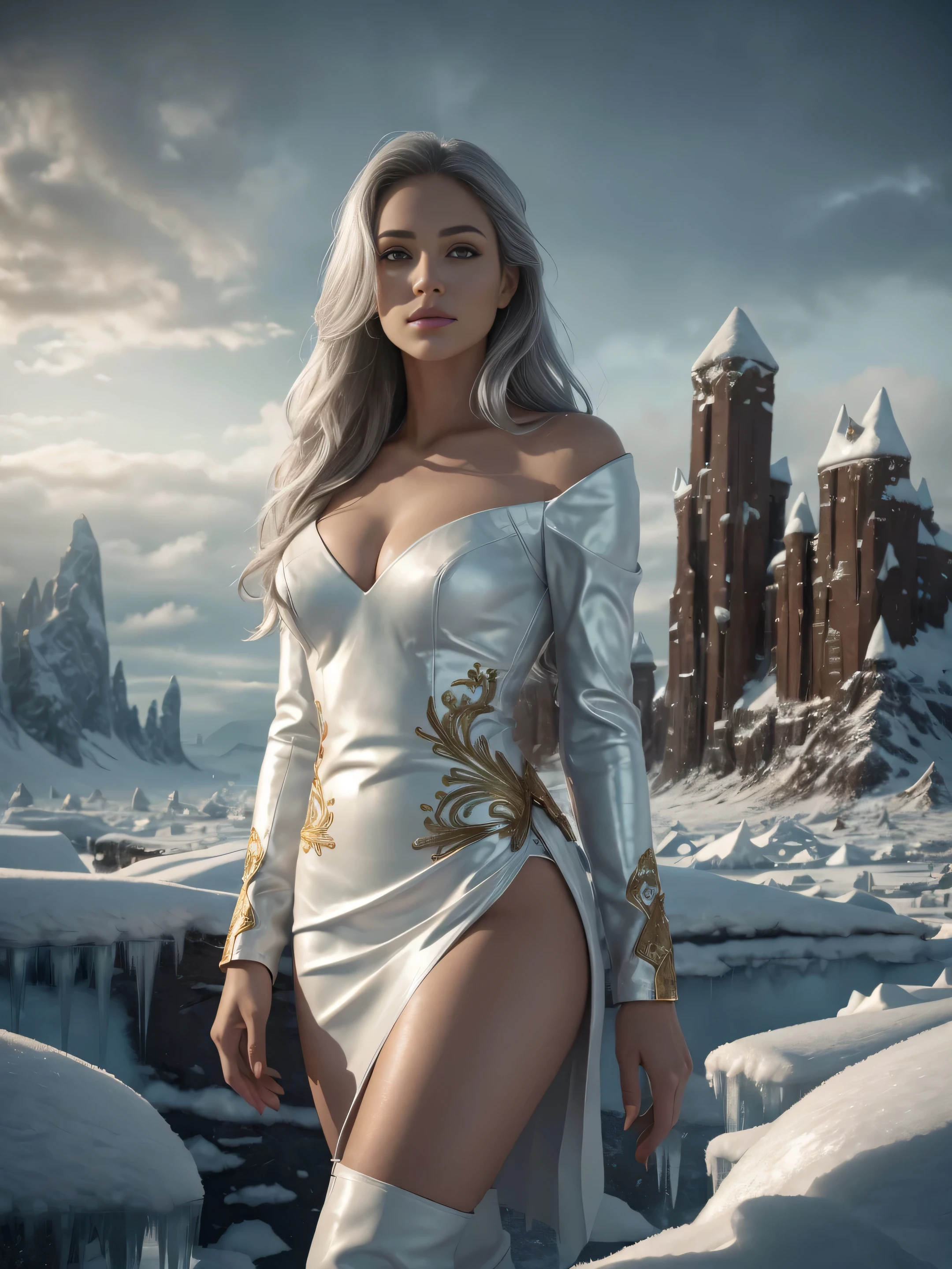 full body, sexy princess woman, standing, watching distant mountains, very long grey hair, slim waist, round bottom, in white short leather pleated skirt, with gold embroidery, white knee high boots, ultra-realistic skin texture, sensual curves, sensual gaze, her hair body is covered with chin north pole in the snow, barren landscape, fog, blowing snow, weak soft light, gloomy dark clouds, ice palace in the distance, cold colors, photorealistic, superrealistic, highest resolution with extremely intricate details 8k