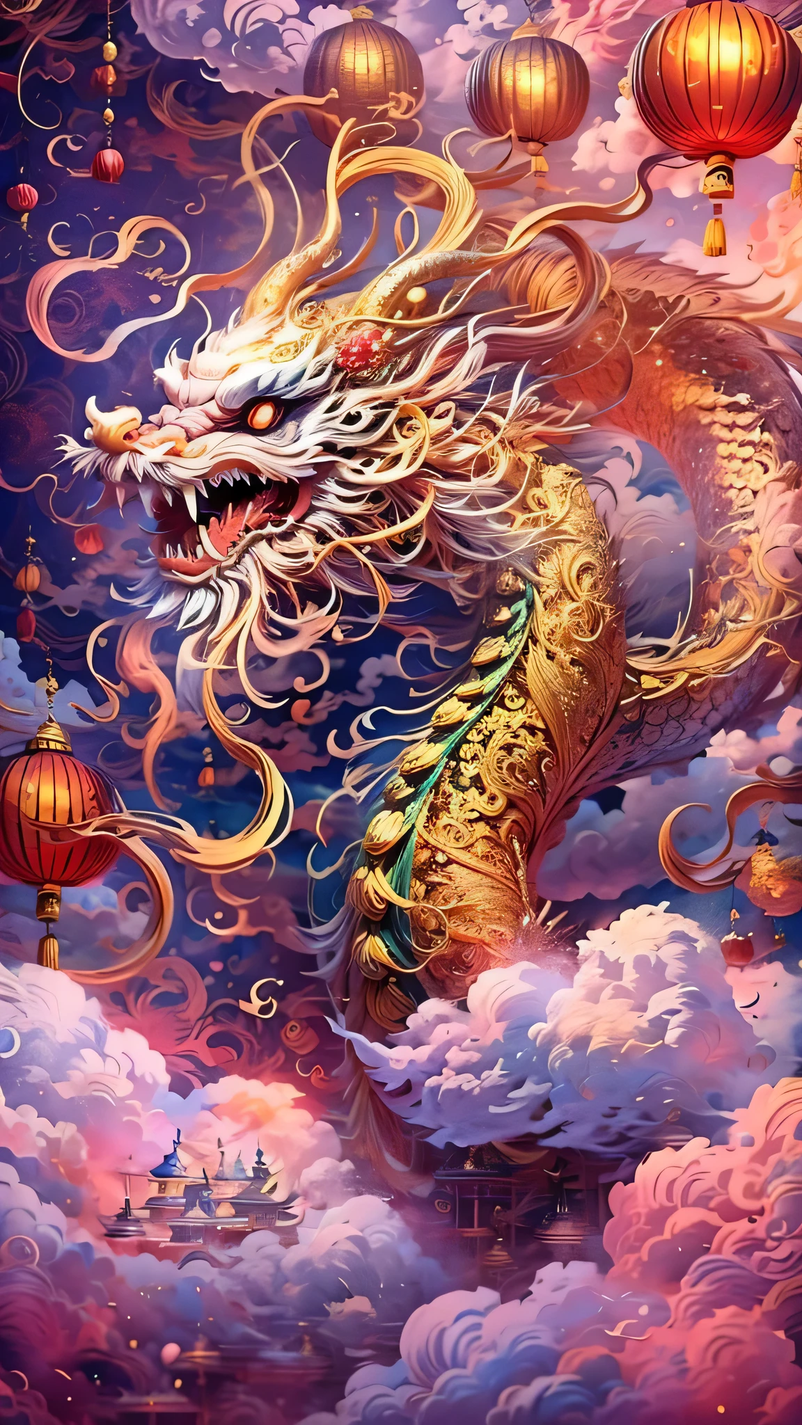 Cute Chinese dragon surrounded by clouds, Fireworks Background,Chinese New Year Decorations(((masterpiece))), ((highest quality)), , ((Surrealism))(8k)