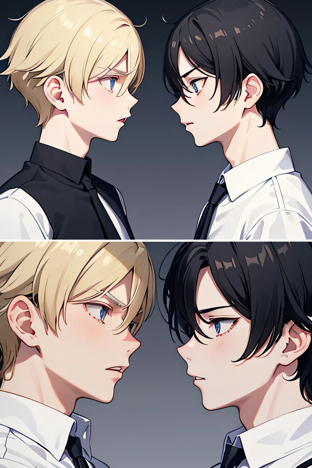 Two boys looked at each other face to face with fight and angry expressions, the characteristics of the first student were a boy with short black hair and blue eyes, and the characteristics of the second student were a boy with short blonde hair and yellow eyes. The incident happened in the afternoon. day while in class.