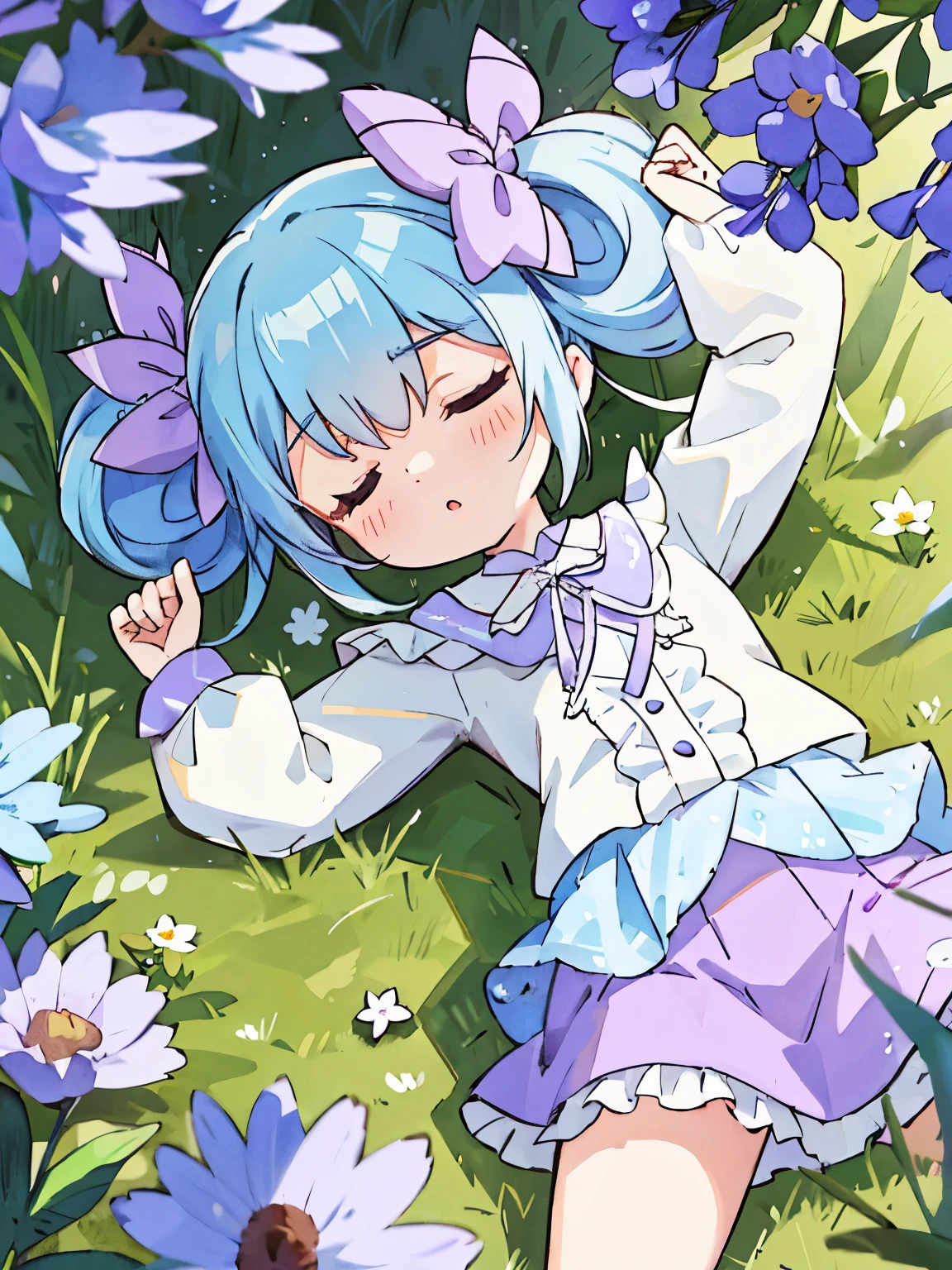 highest quality,Very detailed,masterpiece,White shirt, Pink mini skirt, Frills, Flat Chest, Long Hair, blue eyes, Double good, Purple ribbon, Blue Hair, Twin tails, Hair between the eyes, hair bow, Eyebrows visible through hair,Flower Field,Spread your hands,Lying on your back,lying on the ground,4K resolution,Chibi,Close ~ eyes,sleep