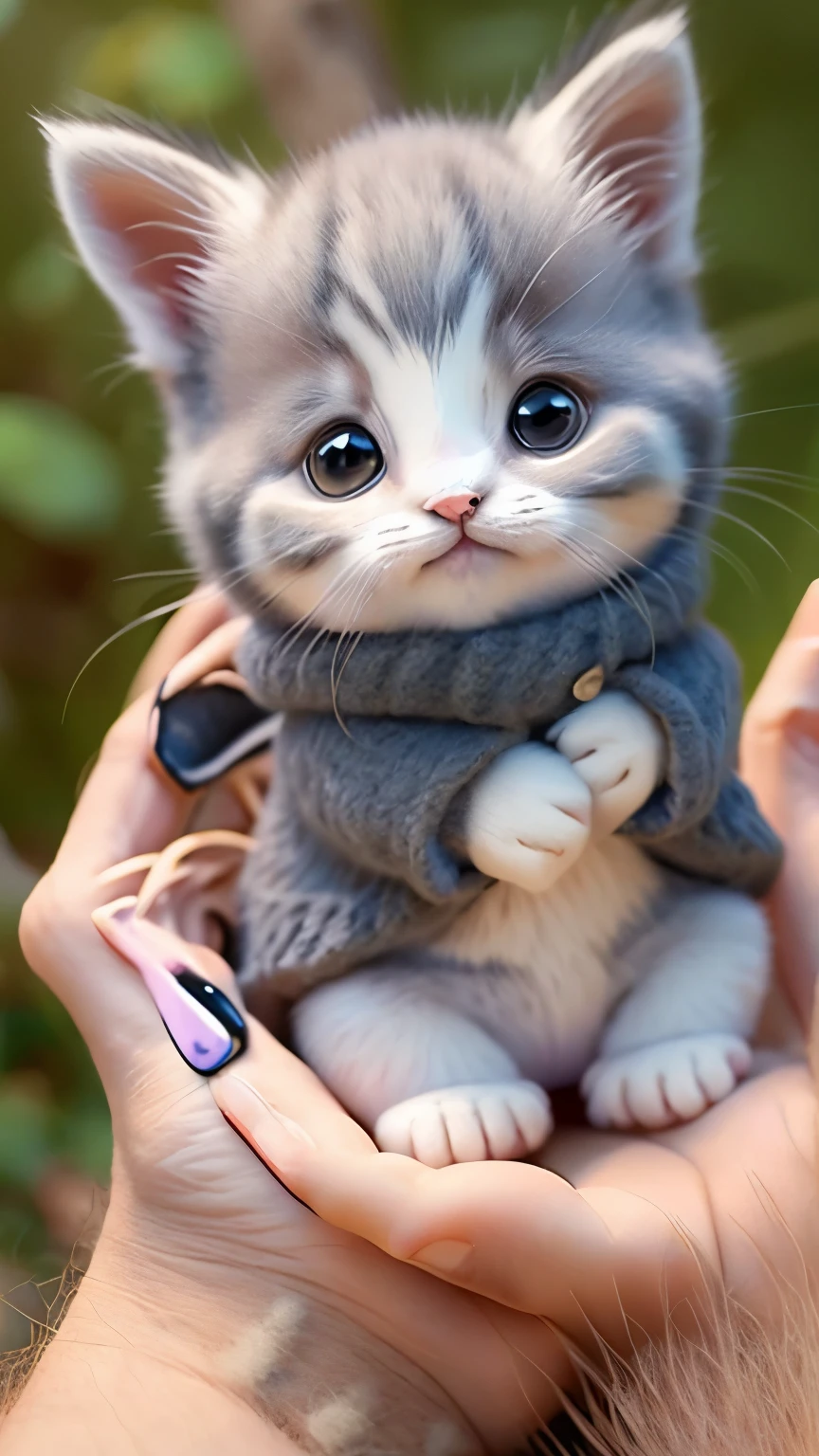 a small kitten sitting on a person's hand, Miniature kittens, animal focus, whiskers, looking at viewer, realistic, pov hands, blurry background