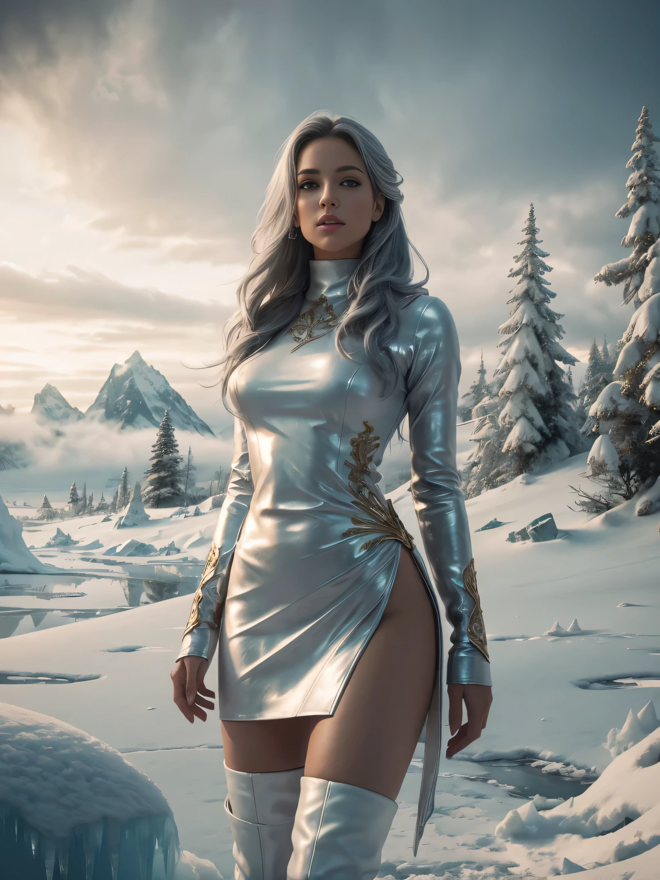 full body, sexy princess woman, standing, watching distant mountains, very long grey hair, slim waist, round bottom, in white short leather pleated skirt, with gold embroidery, white knee high boots, ultra-realistic skin texture, sensual curves, sensual gaze, her hair body is covered with chin north pole in the snow, barren landscape, fog, blowing snow, weak soft light, gloomy dark clouds, ice palace in the distance, cold colors, photorealistic, superrealistic, highest resolution with extremely intricate details 8k