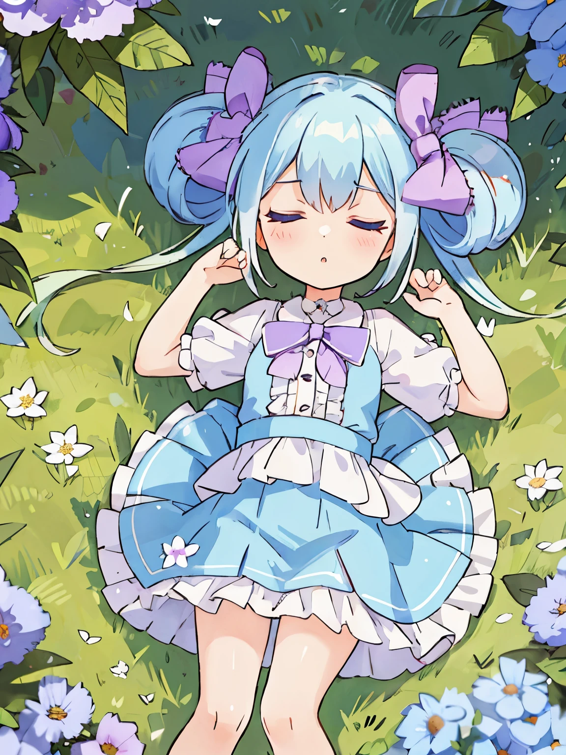 highest quality,Very detailed,masterpiece,White shirt, Pink mini skirt, Frills, Flat Chest, Long Hair, blue eyes, Double good, Purple ribbon, Blue Hair, Twin tails, Hair between the eyes, hair bow, Eyebrows visible through hair,Flower Field,Spread your hands,Lying on your back,lying on the ground,4K resolution,Chibi,Close ~ eyes,sleep