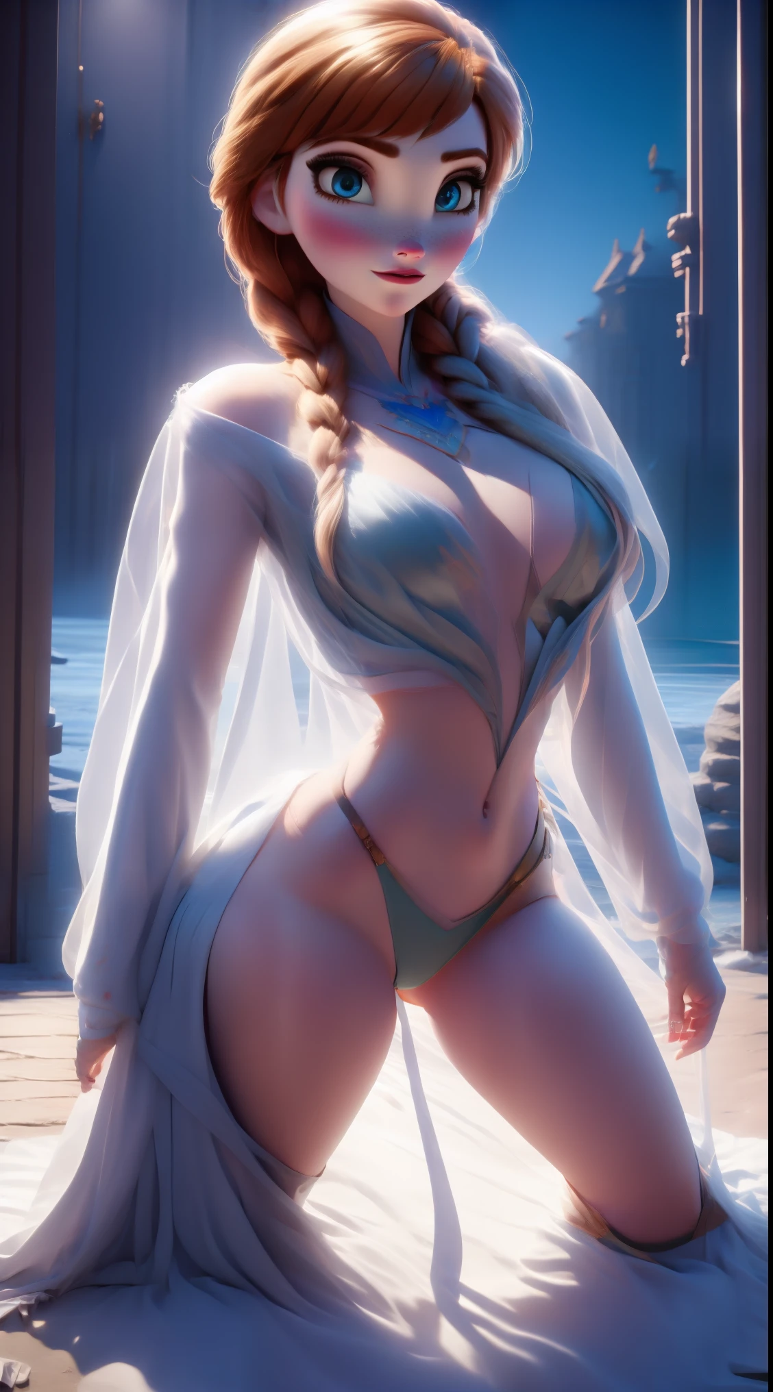 ,30 years old Anna from Frozen, woman, ((Masterpiece, best quality)), full body view, wide hips, bursting huge breasts, detailed skin, Anna from Frozen, highly detailed, cinematic lighting, ultra realistic, blush, looking at viewer, Anna, Anna from movie Frozen, red hair, blue eyes, huge breasts, tall body, long sexy legs, perfect body.