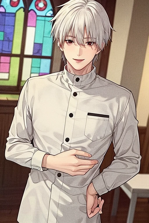 A young white haired handsome man with red eyes in a magic uniform is smiling in front of a stained glass window