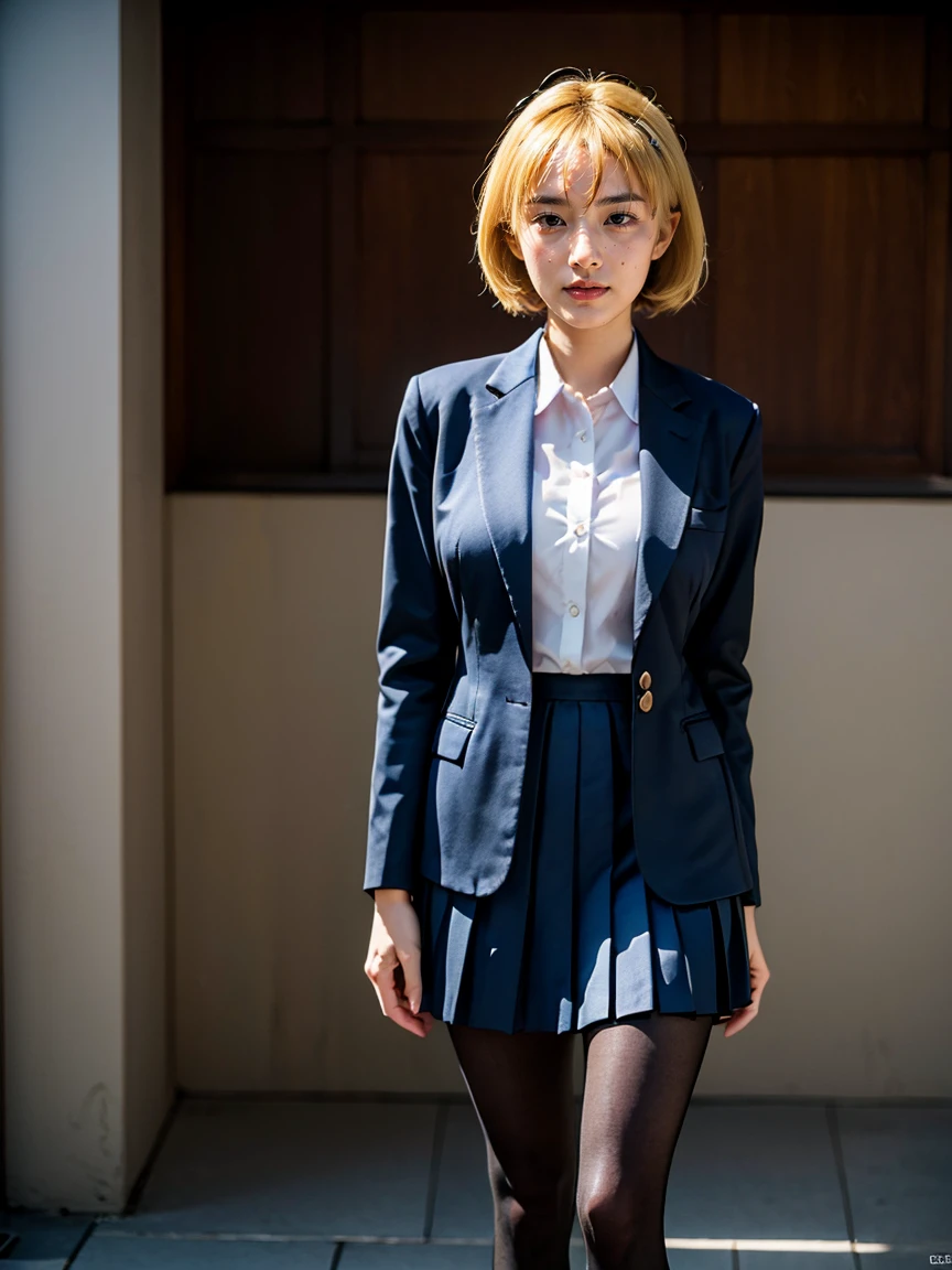 (1 lady), (Best quality at best:1.4), (ultra - detailed), (extremely detailed CG unified 16k), A Beautiful Woman with Perfect Figure: 1.4, Sharp Focus: 1.2, very detailed, High-definition RAW color photo, professional photoshooting, amazing face and eyes, cosmetics, (amazingly beautiful girl), ((jksatoko)), ((scho0l uniform, blue pleated skirt, white shirt, gray blazer, black pantyhose)), standing, sexyposture,outside oriental temple, tree, nature, (look from down), realistic cinematic face, head to feet long wide zoomed out view, full body long view, photorealistic, ((realistic natural blonde hair style, violet eyes, pure golden blonde yellow hair)), gorgeous, extremely beautiful face, perfect model beauty, pout mouth, Highly Detailed Face and Skin Texture, Detailed Eyes, Double Eyelids, Big Breasts, Smile, flirting smile, laughing hard, cleavages, western, (masterpiece), best quality, high resolution, extremely detailed, blurred background, depth of field, cinematic lighting, amazing legs, high heels, clear and well-cared skin,