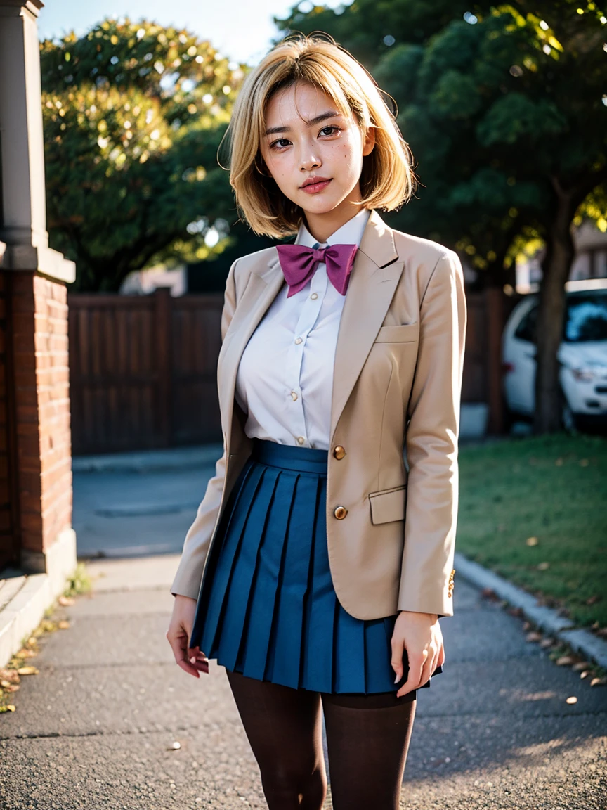 (1 lady), (Best quality at best:1.4), (ultra - detailed), (extremely detailed CG unified 16k), A Beautiful Woman with Perfect Figure: 1.4, Sharp Focus: 1.2, very detailed, High-definition RAW color photo, professional photoshooting, amazing face and eyes, cosmetics, (amazingly beautiful girl), ((jksatoko)), ((scho0l uniform, blue pleated skirt, white shirt, gray blazer, black pantyhose)), standing, sexyposture,outside oriental temple, tree, nature, (look from down), realistic cinematic face, head to feet long wide zoomed out view, full body long view, photorealistic, ((realistic natural blonde hair style, violet eyes, pure golden blonde yellow hair)), gorgeous, extremely beautiful face, perfect model beauty, pout mouth, Highly Detailed Face and Skin Texture, Detailed Eyes, Double Eyelids, Big Breasts, Smile, flirting smile, laughing hard, cleavages, western, (masterpiece), best quality, high resolution, extremely detailed, blurred background, depth of field, cinematic lighting, amazing legs, high heels, clear and well-cared skin,