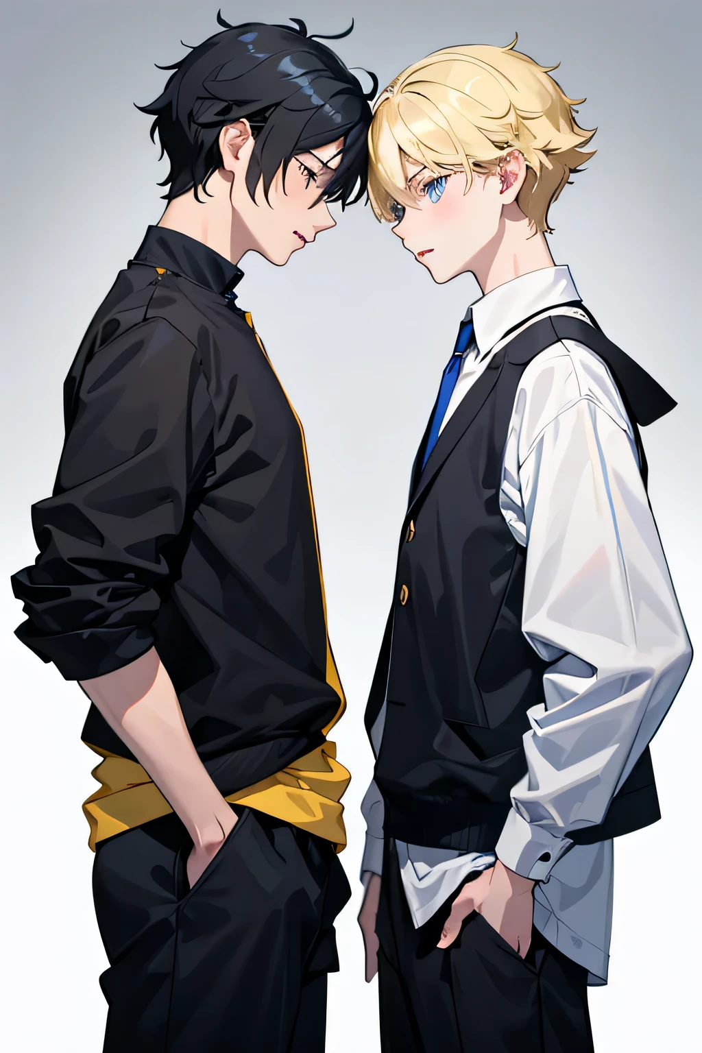 Two boys looked at each other face to face with fight and angry expressions, the characteristics of the first student were a boy with short black hair and blue eyes, and the characteristics of the second student were a boy with short blonde hair and yellow eyes. The incident happened in the afternoon. day while in class.
