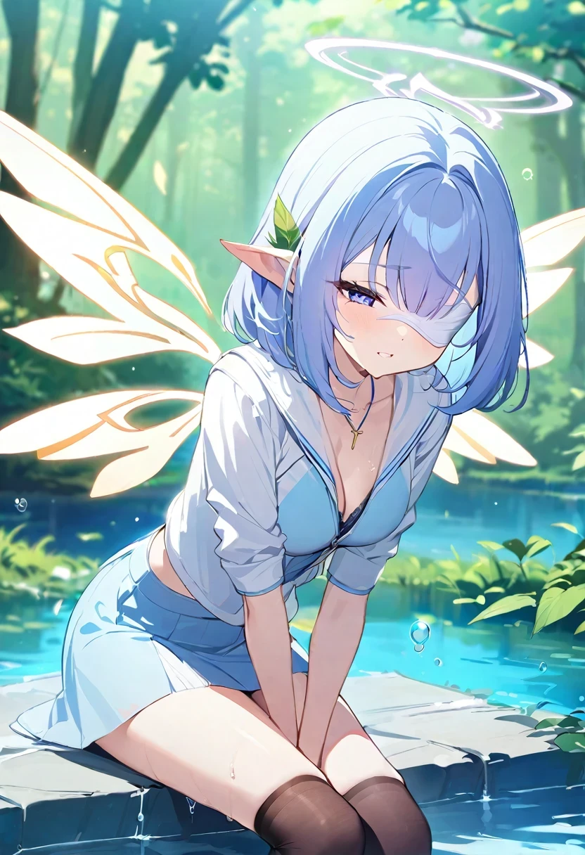 ((shylily/(Twich/))),(masterpiece:1.2),(best quality:1.2),, (1girl:1.3),(((masterpiece))), (((Best quality)))), offcial art, extremely detaild的 CG unified 8k wallpapers,((ultraclear)), natta, Sateen, beautiful detailed sky, Beautiful and delicate water, GameCG, sketching, solo, female student,Angelic,Wet hair, hair between eye, Hair behind the ears, Carefree eyes and white eyelashes,half closed eye,(Over-the-knee stockings, The halo, cross necklace, looking-down, Feather ornament, leaf hair accessories, at a forest, lakeside, ((long leges))), (((short skirt))), long sleeve dynamo, white blindfold, elvish ears, (((Golden wings are more yellow,Phoenix Wings,divinelight